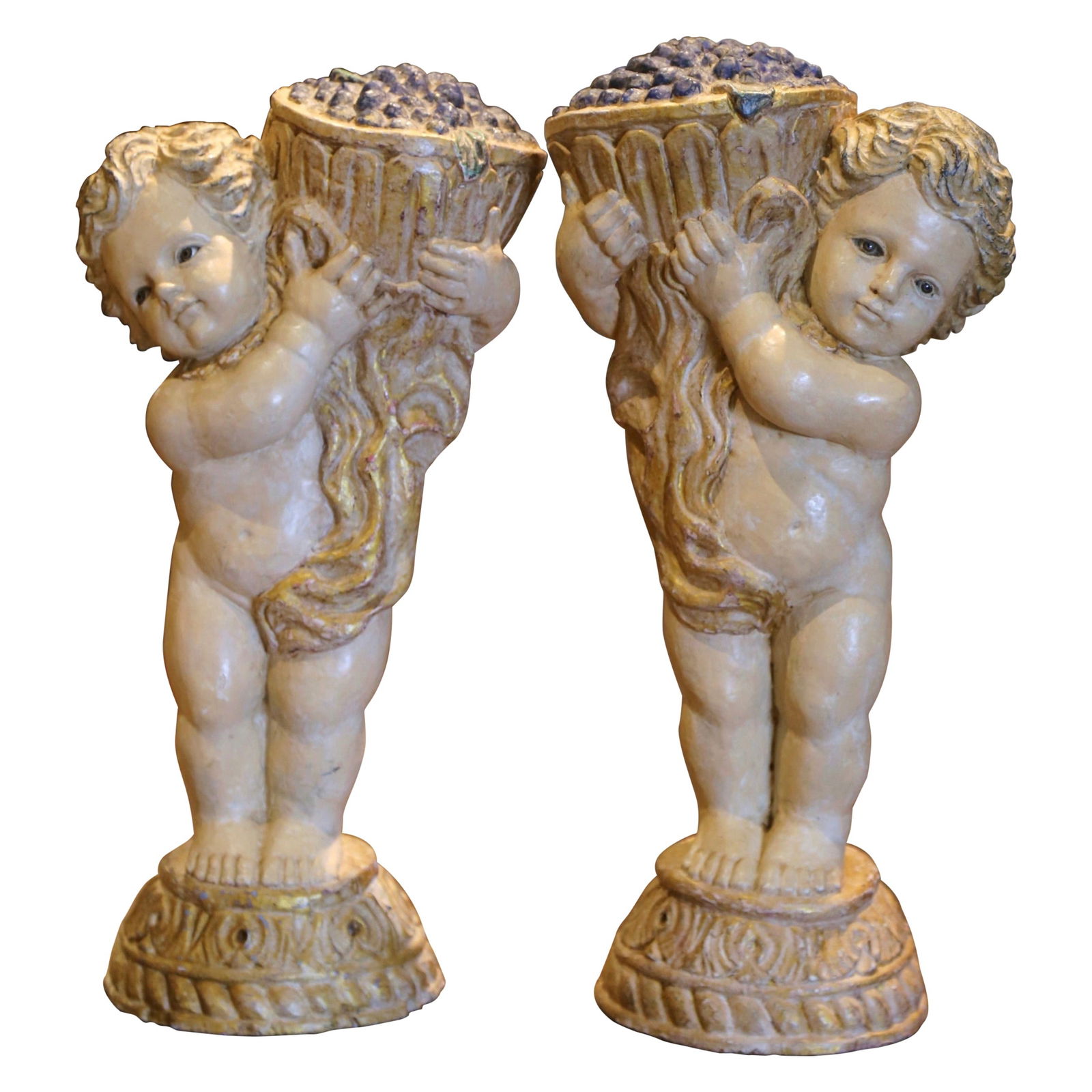 Set of 2 19th Century Italian Hand-Carved Bacchus Statues: Set of 2 19th Century Italian Hand-Carved Bacchus Statues Enhance your wine cellar or wet bar with this exquisite pair of 19th-century Italian carved and painted statues of Young Bacchus. Each statue,