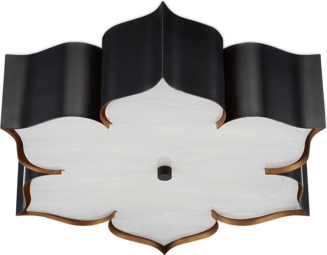Currey Grand Lotus Flush Mount Light Black Gold 19 Inch: Currey Grand Lotus Flush Mount Light Black Gold 19 Inch Illuminate your space with the elegant Grand Lotus Flush Mount Light, featuring a stunning combination of satin black and gold marbled diffuser.