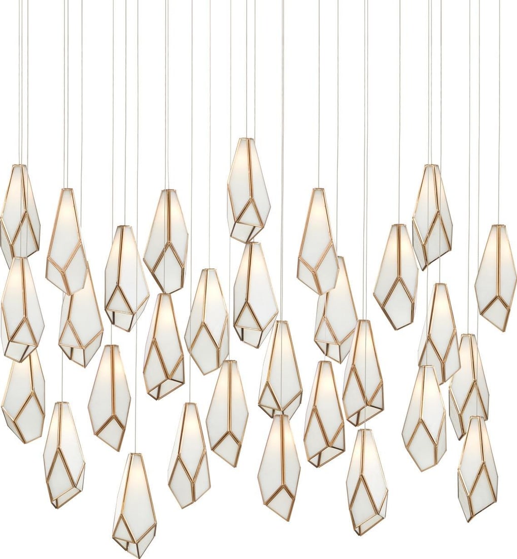Currey Glace Brass Multi-Drop Pendant Light 30-Lights: Currey Glace Brass Multi-Drop Pendant Light 30-Lights Illuminate your space with this sophisticated multi-drop pendant light fixture, designed in an elegant antique style. Perfect for adding a touch o