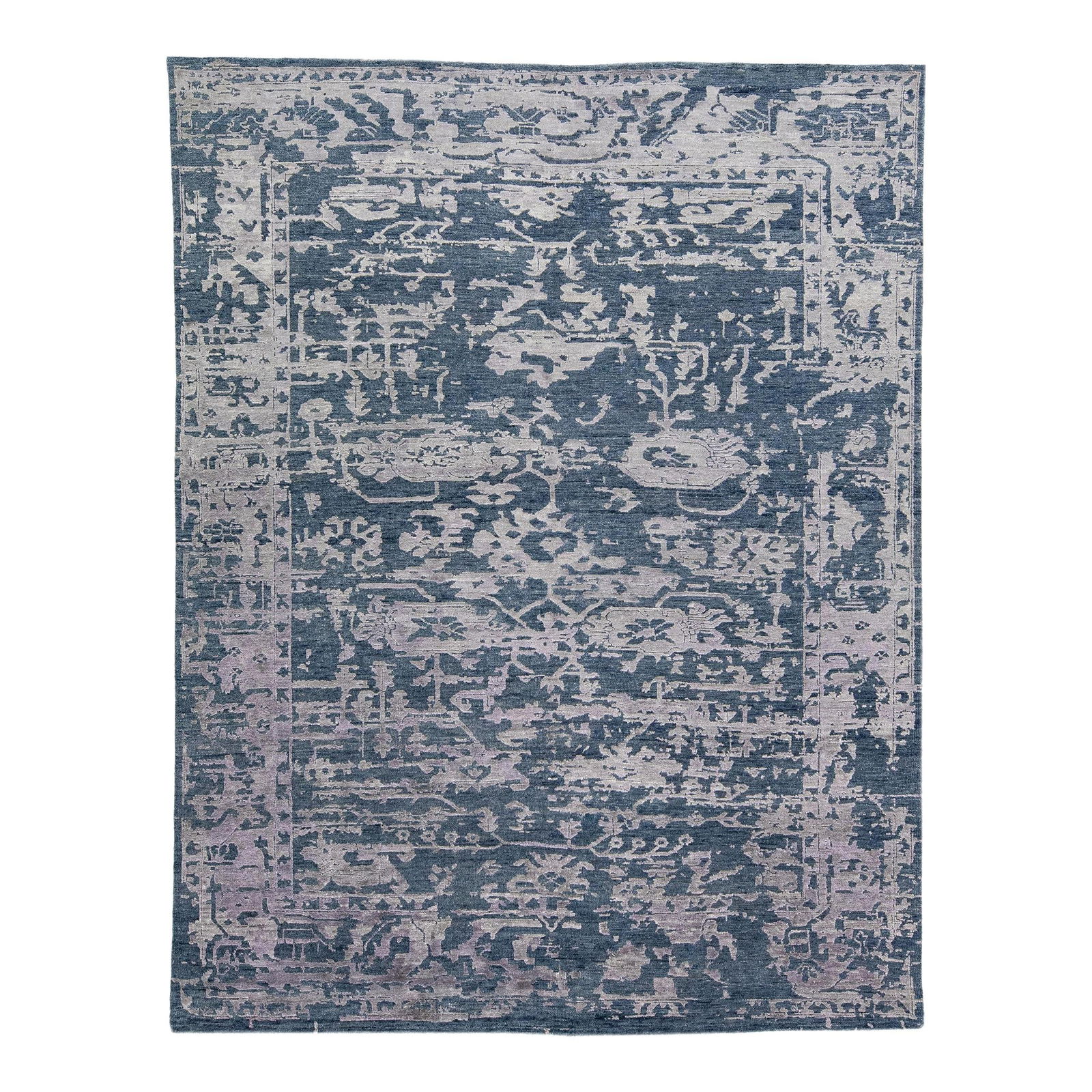 Handmade Contemporary Wool Silk Abstract Rug Navy Blue Gray 7'8 x 9'11: Handmade Contemporary Wool Silk Abstract Rug Navy Blue Gray 7'8 x 9'11 Enhance your living space with this exquisite handmade contemporary rug, crafted from a luxurious blend of wool and silk. The des