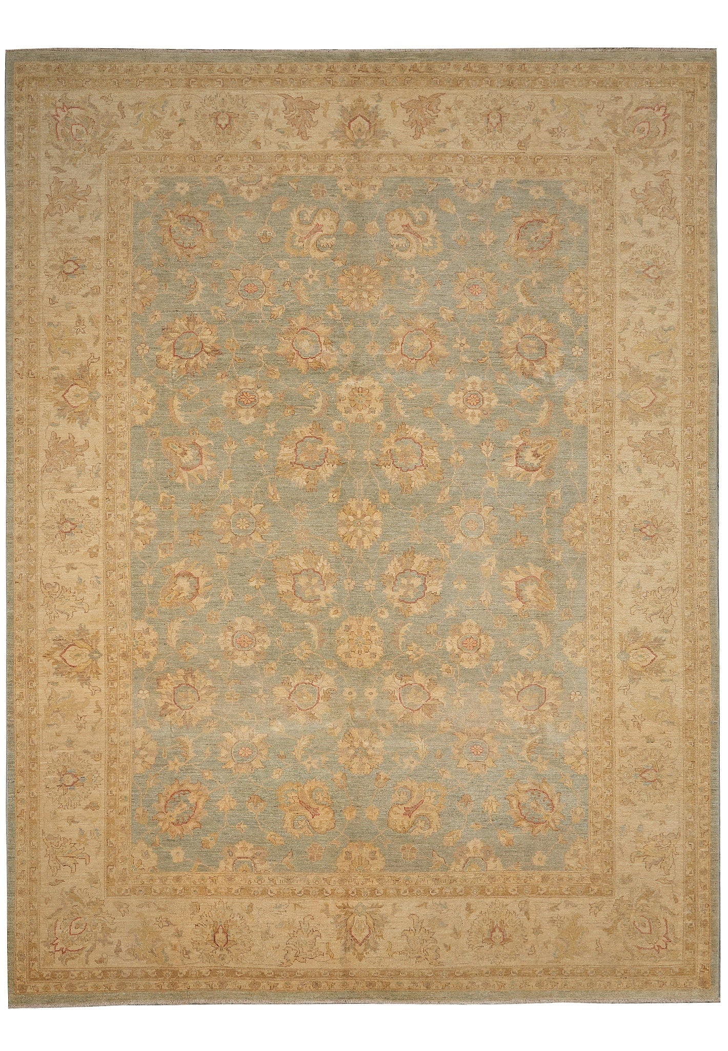 Chobi Peshawar Hand-Knotted Wool Rug 106 x 144 in Neutral Green Gold: Chobi Peshawar Hand-Knotted Wool Rug 106 x 144 in Neutral Green Gold Free continental US Shipping This Chobi Peshawar handmade area rug features a neutral palette of light green, gold, and soft rust a