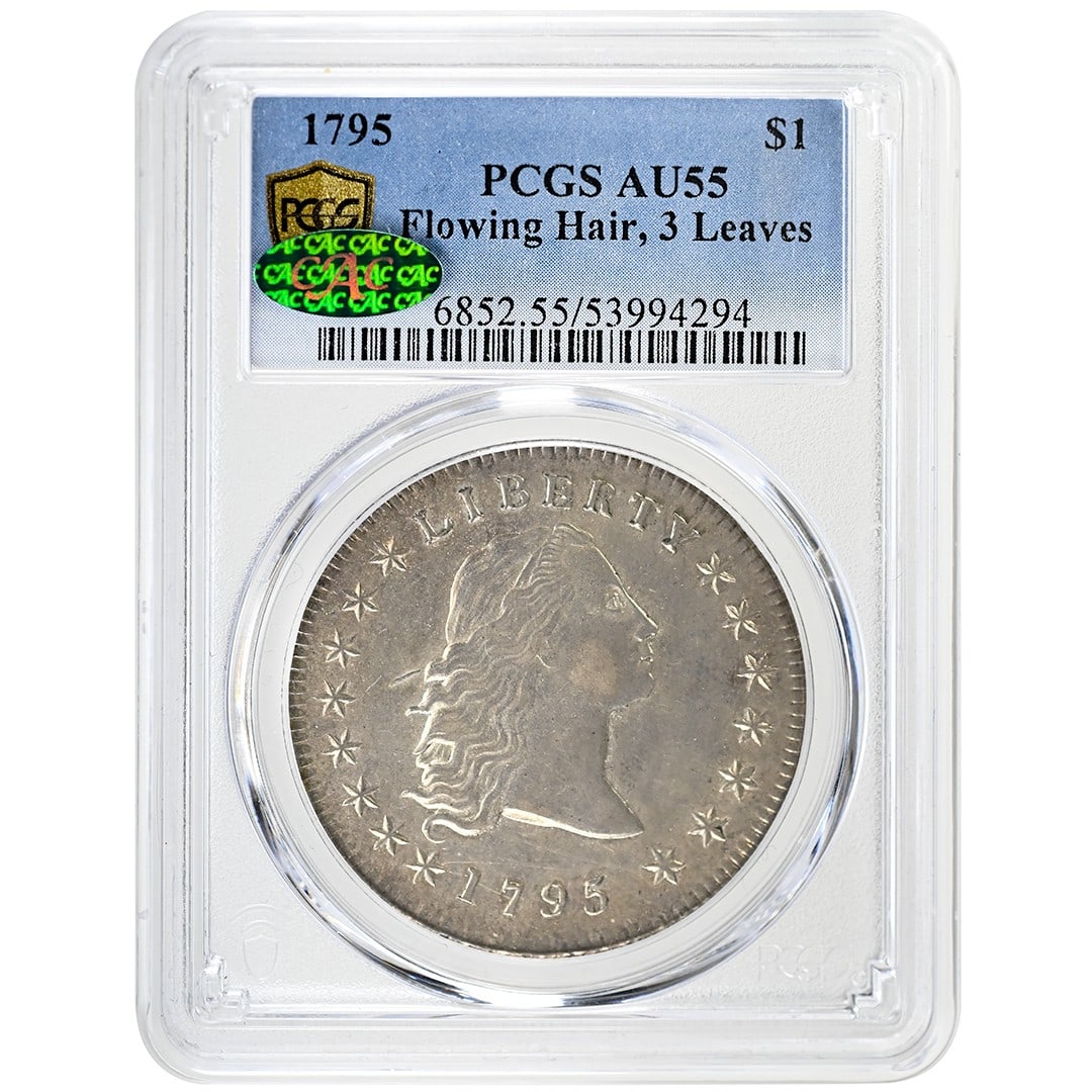 1795 Flowing Hair Dollar $1 PCGS AU55 CAC Rare 3 Leaves Coin: 1795 Flowing Hair Dollar $1 PCGS AU55 CAC Rare 3 Leaves Coin This 1795 $1 Flowing Hair Dollar is a rare and exquisite coin certified by PCGS as AU55 with CAC approval. Originating from the Philadelphi