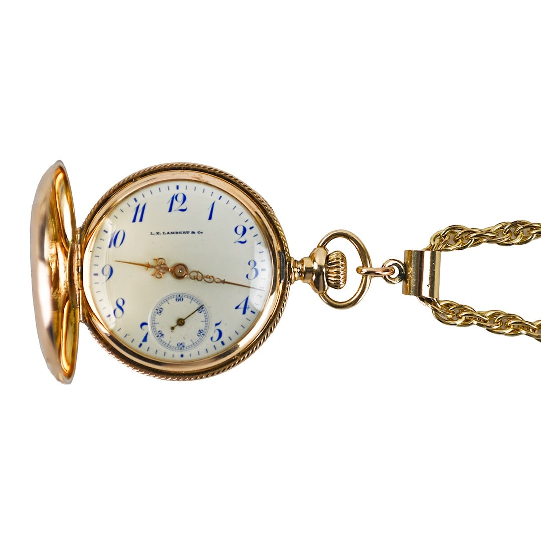 Lambert 14k Yellow Gold Hunting Case Pocket Watch with Gold Filled Chain (1 of 7)