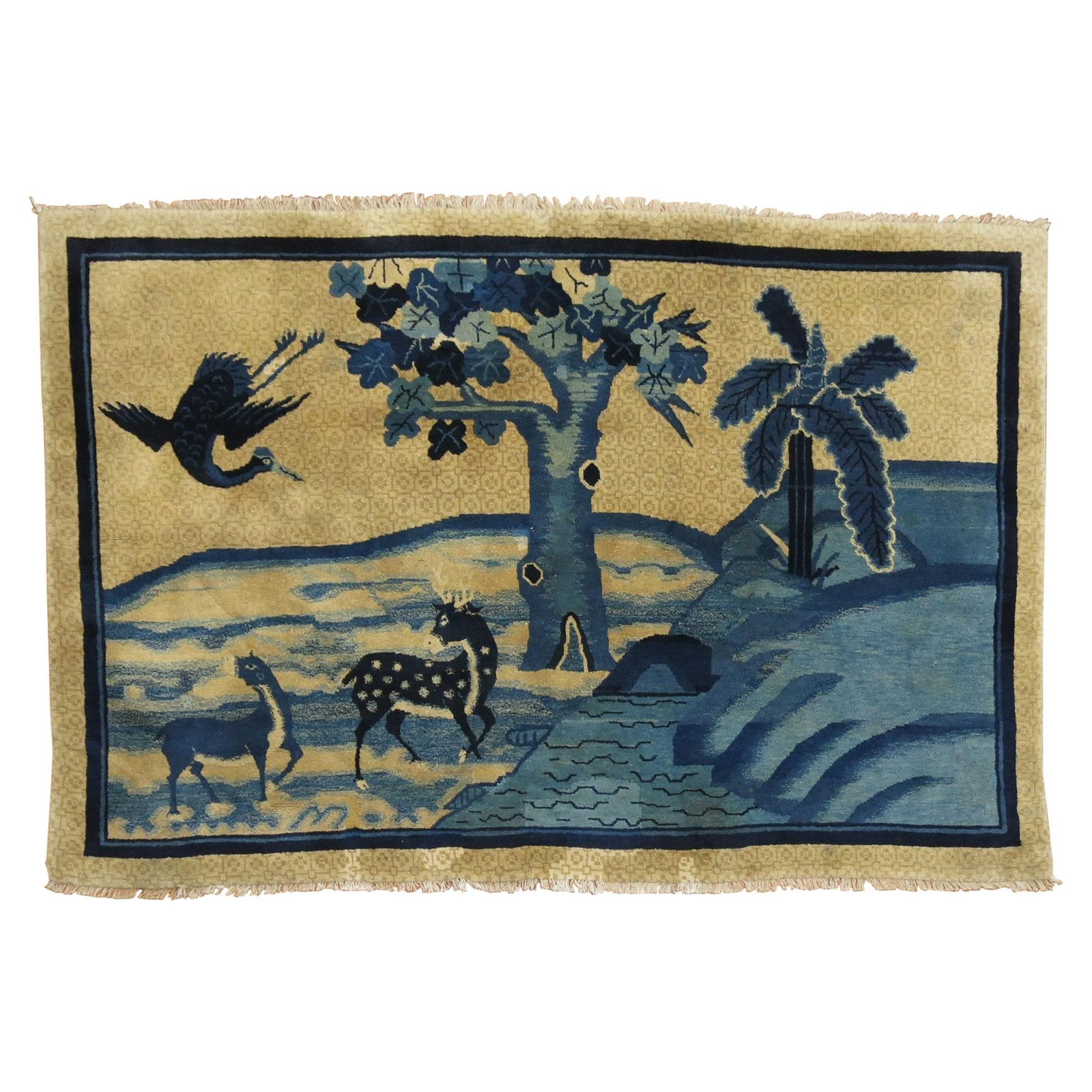 Mid-20th Century Hand-Woven Chinese Peking Rug with Pictorial Landscape: Mid-20th Century Hand-Woven Chinese Peking Rug with Pictorial Landscape This exquisite Blue Tan Chinese Animal Pictorial Landscape Rug features a stunning hand-woven design depicting two reindeers and