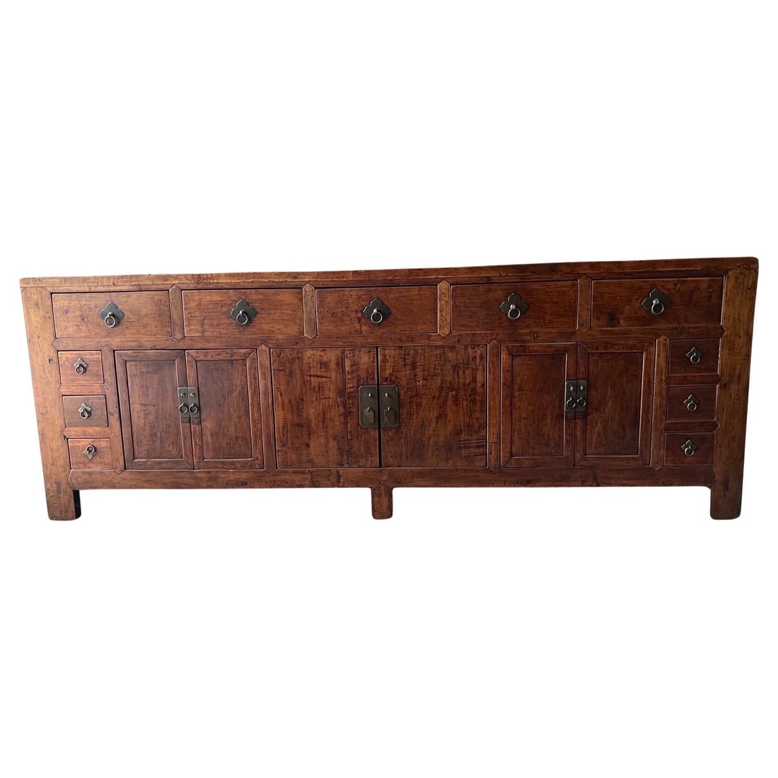 19th Century Qing Dynasty Double Sided Sideboard Chinese Export Elm Walnut: 19th Century Qing Dynasty Double Sided Sideboard Chinese Export Elm Walnut Discover an extraordinary 19th century Qing Dynasty Chinese sideboard, a monumental piece that showcases the artistry of Chin