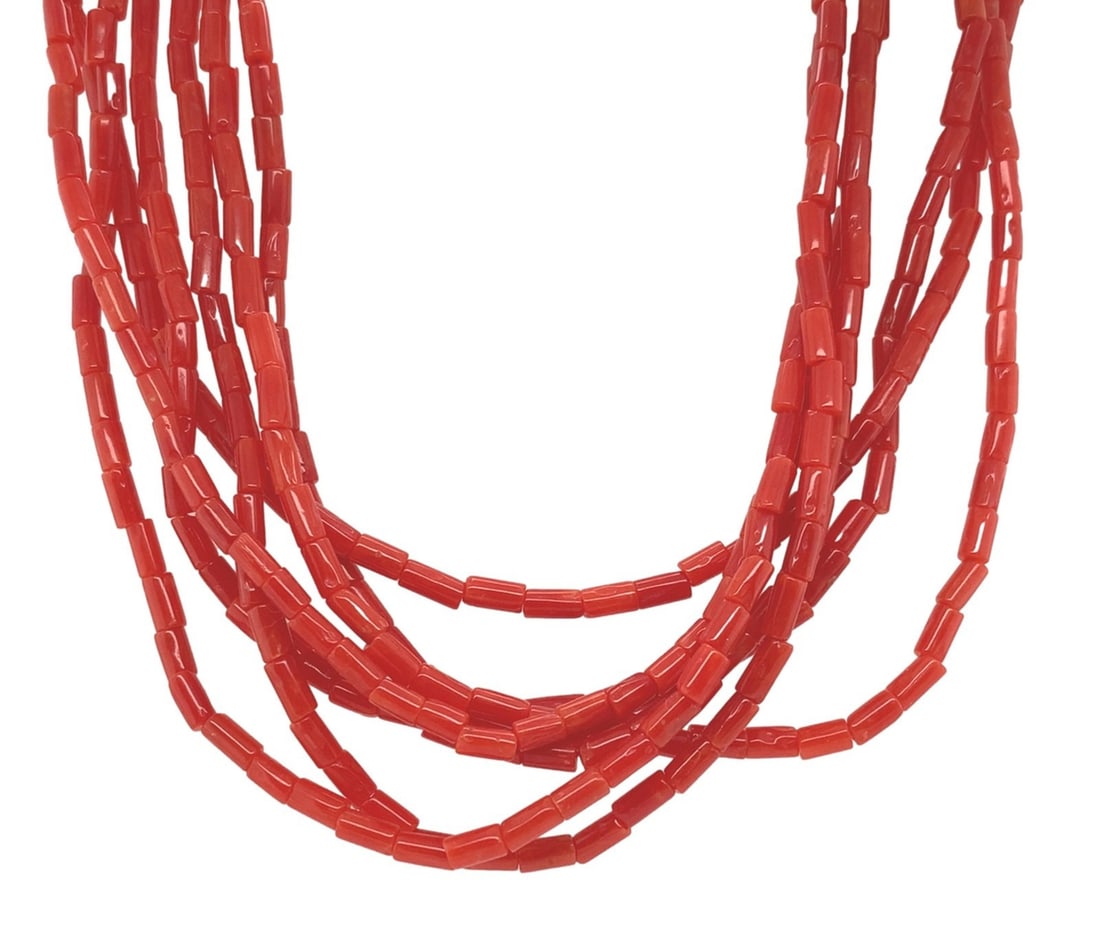 Multi-Strand 14k Yellow Gold Natural Ox Blood Coral Necklace: Multi-Strand 14k Yellow Gold Natural Ox Blood Coral Necklace This exquisite multi-strand necklace features genuine natural ox blood coral heishi tube beads, perfect for adding a vibrant touch to any o