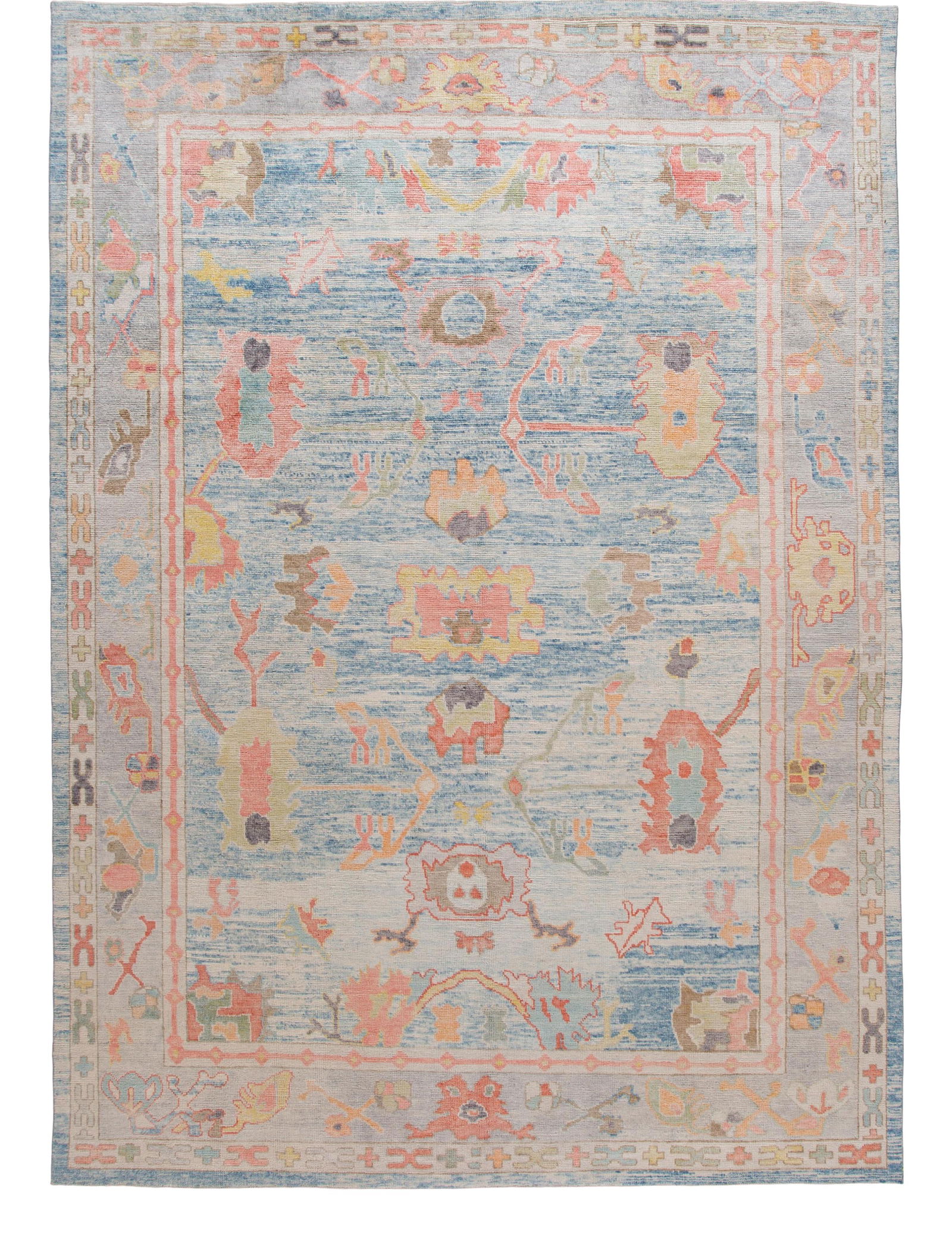 Handmade Modern Oushak Floral Wool Rug Blue 9'11 x 13'9: Handmade Modern Oushak Floral Wool Rug Blue 9'11 x 13'9 Elevate your space with this stunning modern Turkish Oushak hand-knotted wool rug, featuring a vibrant blue field adorned with a captivating geo