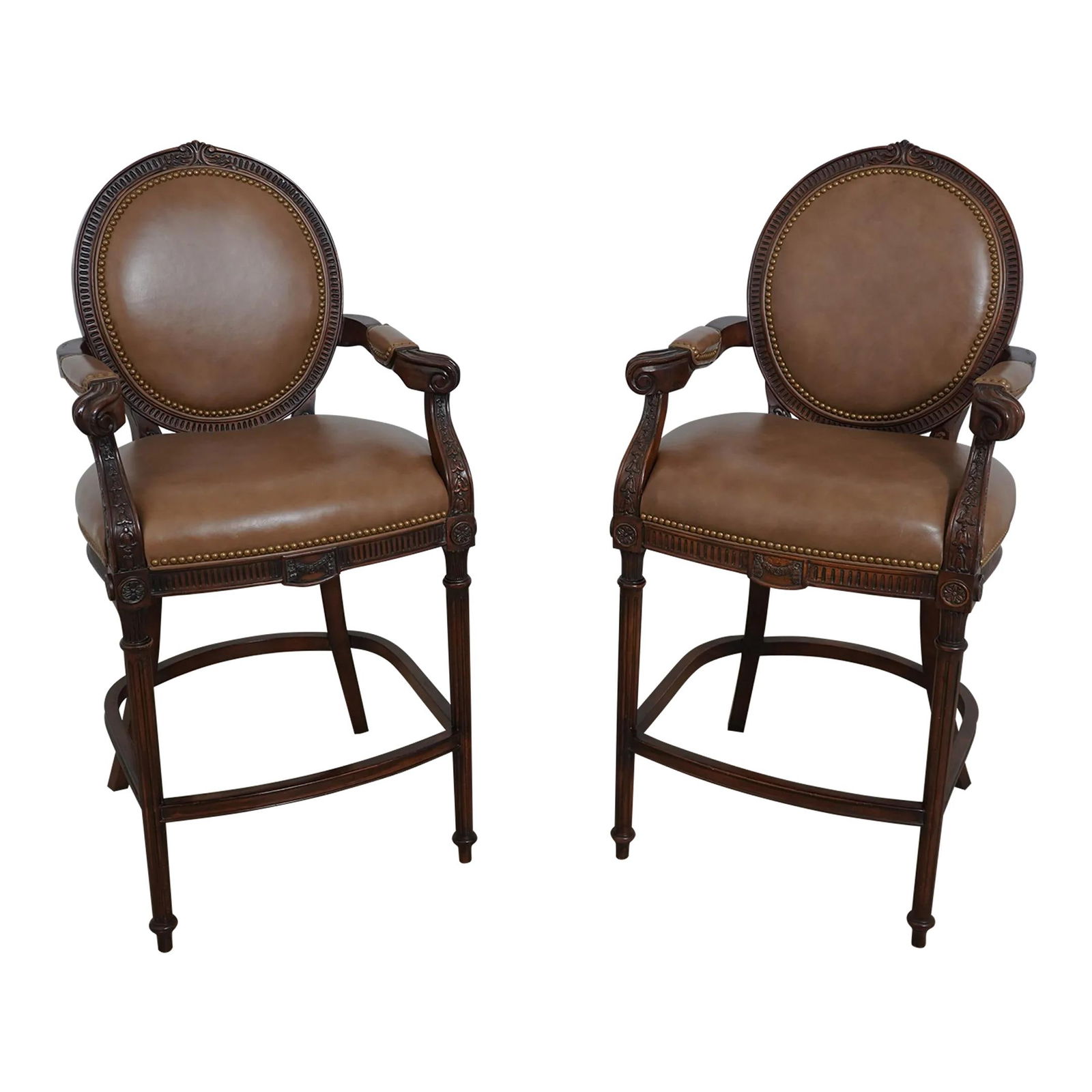 Elegant Pair of French Louis XV Style Bar Chairs in Brown Faux Leather: Elegant Pair of French Louis XV Style Bar Chairs in Brown Faux Leather This pair of French Louis XV Style Counter Bar Chairs showcases exquisite craftsmanship and elegant design, perfect for enhancing