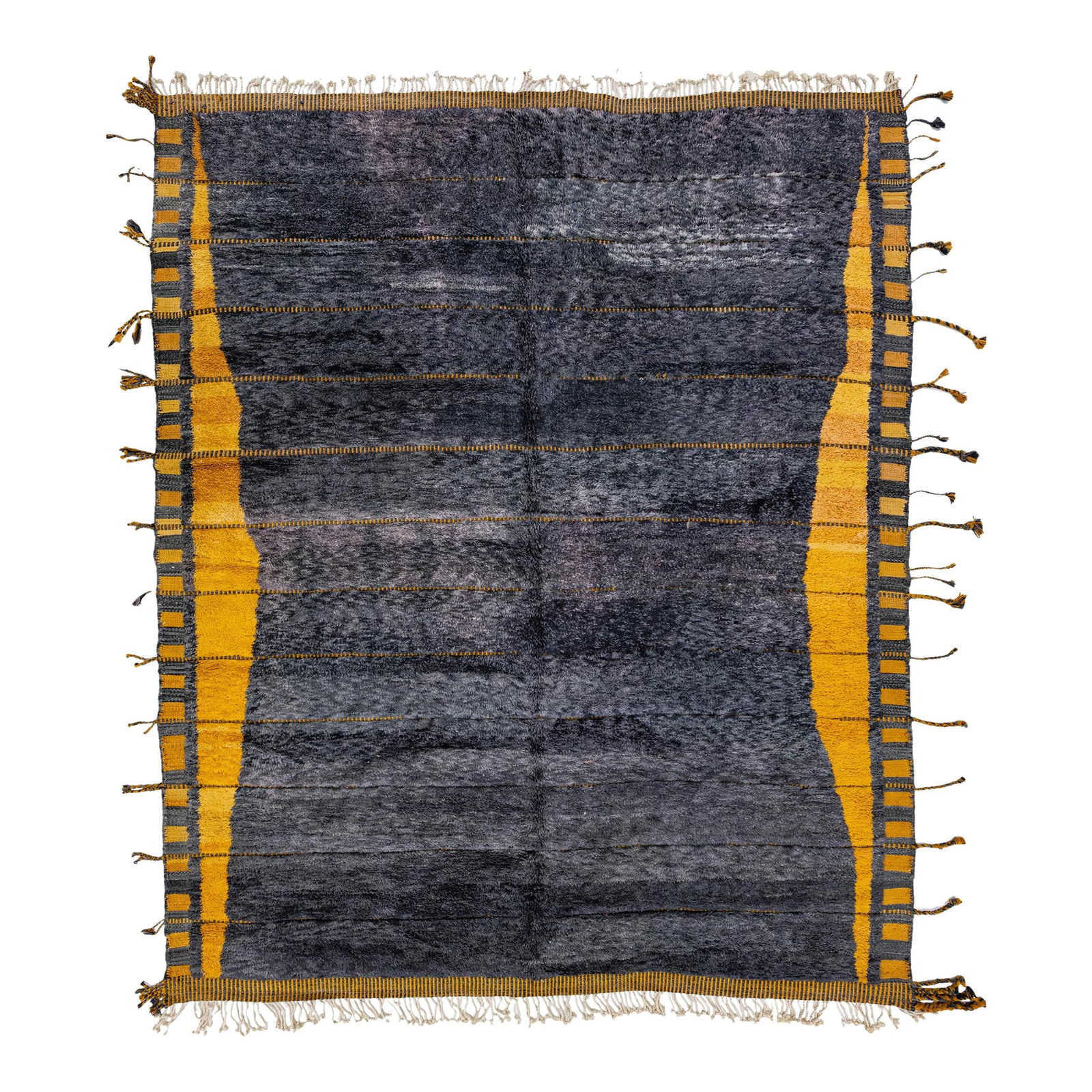 Modern Moroccan Gray Yellow Wool Rug Geometric Design 11'4 x 12'5: Modern Moroccan Gray Yellow Wool Rug Geometric Design 11'4 x 12'5 This exquisite Moroccan handmade rug features a stunning gray field complemented by vibrant yellow accents and elegant beige fringes.
