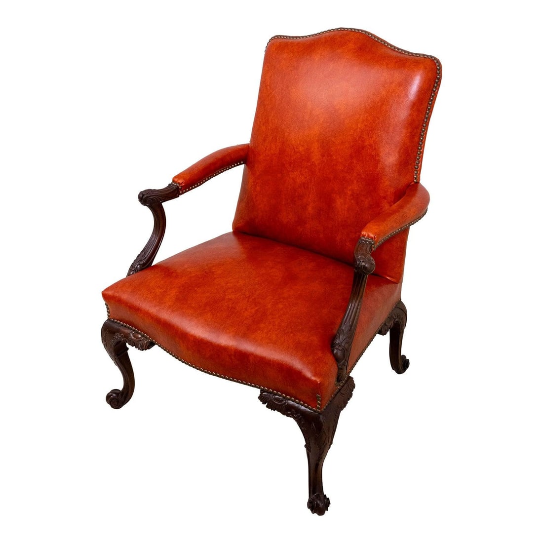 Georgian Mahogany Carved Library Chair with Orange Nagahyde (1 of 10)