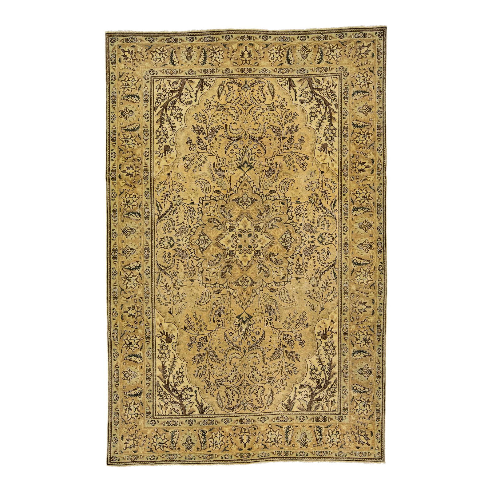1960s Persian Tabriz Handmade Ivory Wool Medallion Rug 6'7 x 10'3: 1960s Persian Tabriz Handmade Ivory Wool Medallion Rug 6'7 x 10'3 Enhance your space with this exquisite vintage Persian Tabriz handmade rug, expertly crafted with a luxurious wool material. Featuring