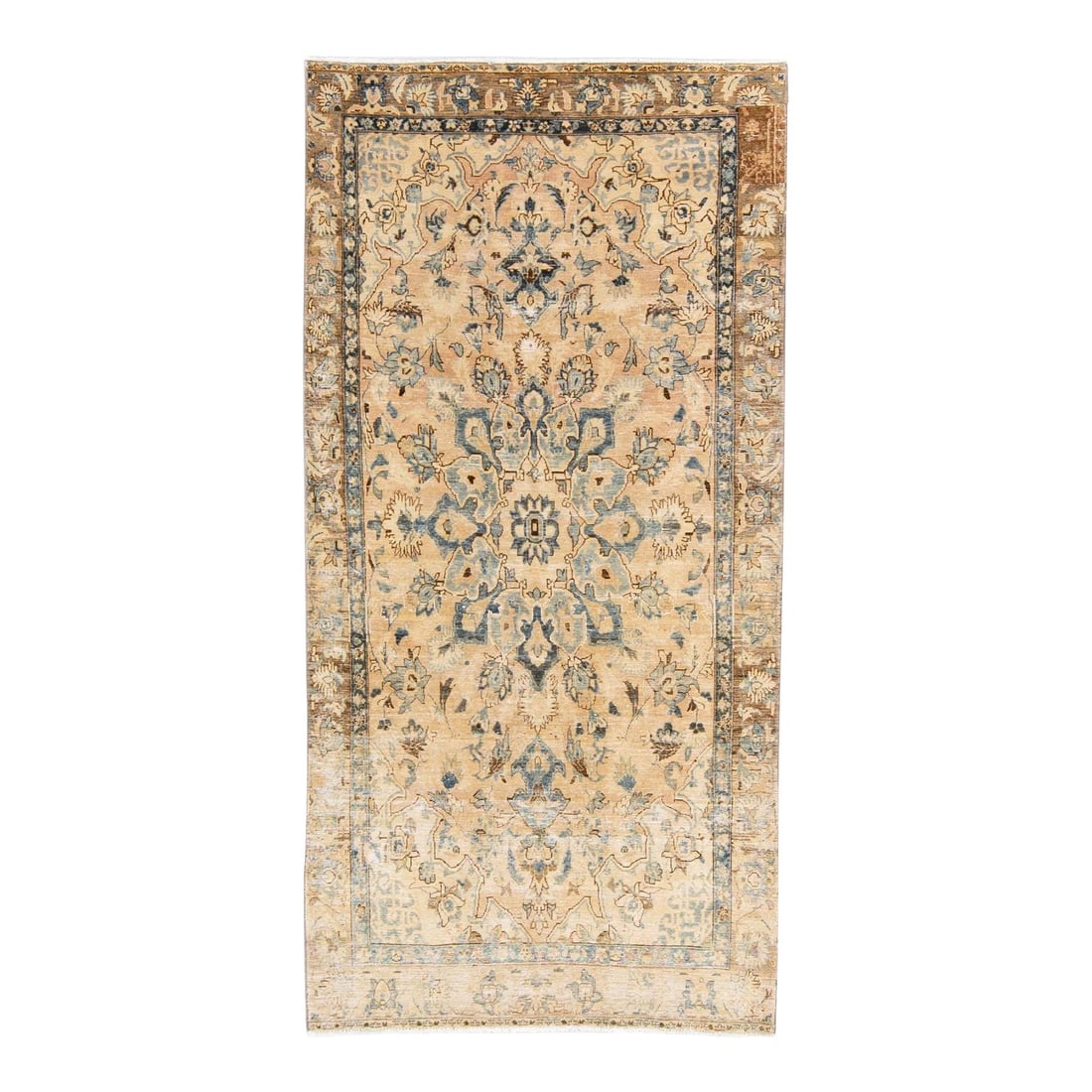Vintage Handmade Medallion Beige Wool Runner 4'8 x 9'8: Vintage Handmade Medallion Beige Wool Runner 4'8 x 9'8 Enhance your space with this beautiful Vintage Distressed Handmade Medallion Wool Runner. Featuring a beige field adorned with a distressed medal
