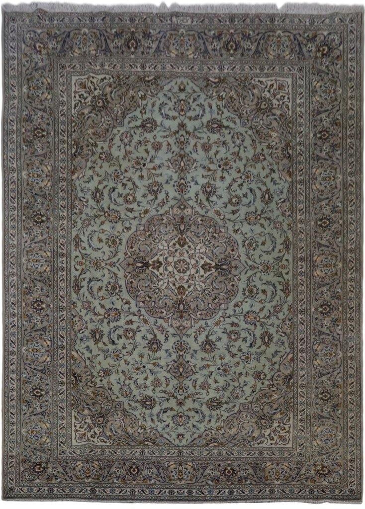 Handwoven 9.7 x 13.4 Light Green Ivory Persian Kashan Rug: Handwoven 9.7 x 13.4 Light Green Ivory Persian Kashan Rug Free continental US Shipping Experience the timeless elegance of this handcrafted Light Green Ivory Persian Signed Kashan Rug, measuring 9' 7"