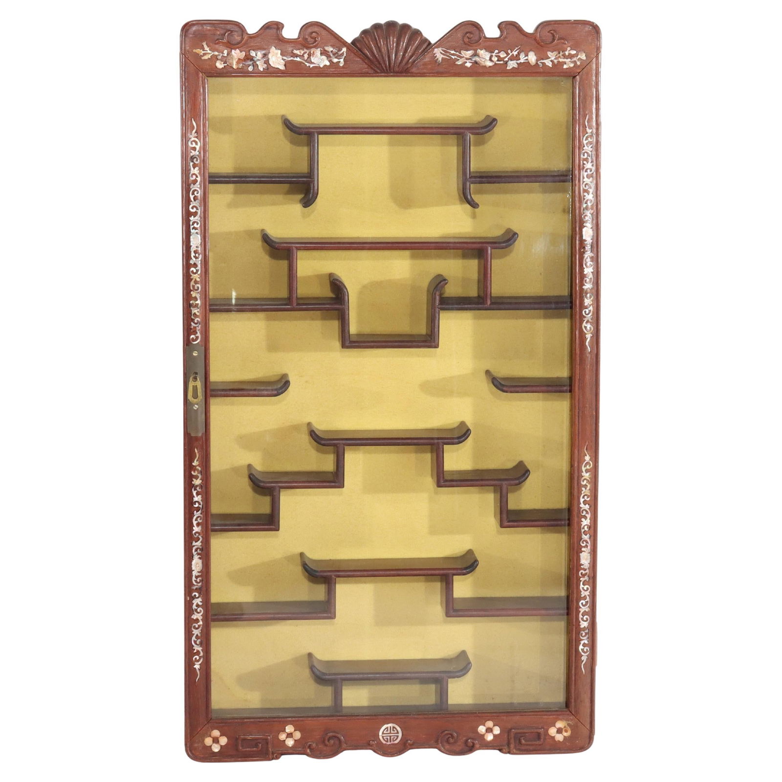 Antique Chinese Rosewood Display Cabinet with Mother-of-Pearl Inlay C1930: Antique Chinese Rosewood Display Cabinet with Mother-of-Pearl Inlay C1930 This exquisite Antique Chinese Carved Rosewood Hanging Display Cabinet, dating to circa 1930, is a stunning piece for any coll