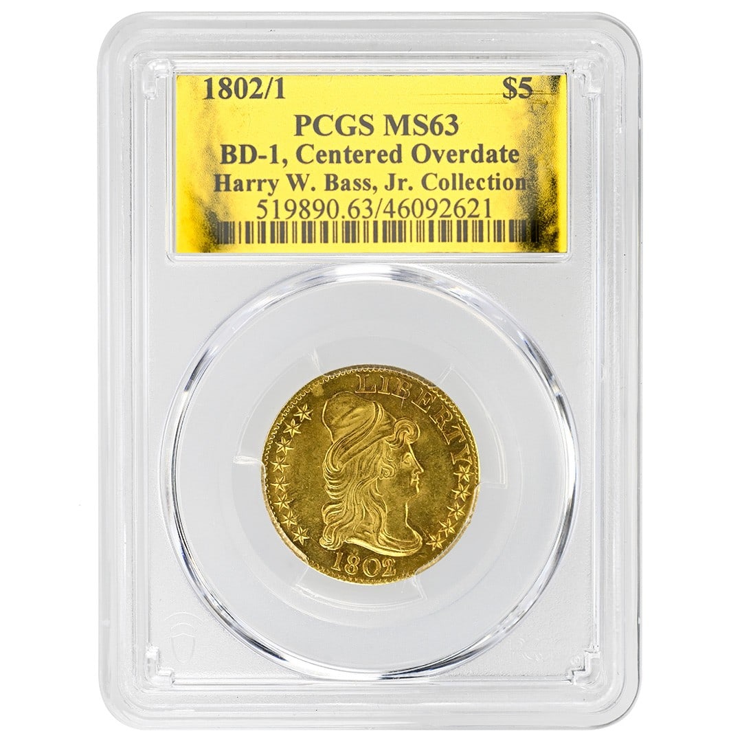 1802 Draped Bust $5 Gold PCGS MS63 BD-1 Overdate Bass Jr Collection (1 of 4)