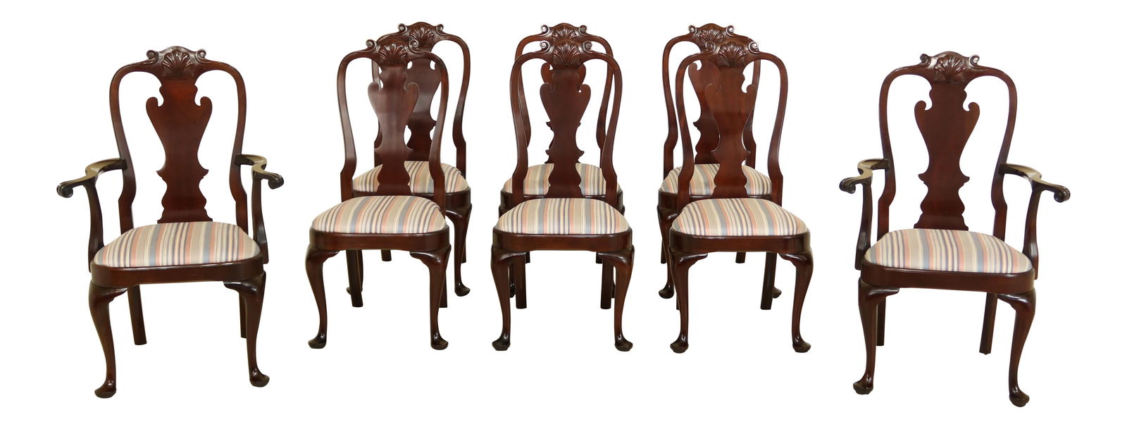 Set of 8 Stickley Mahogany Philadelphia Queen Anne Dining Chairs: Set of 8 Stickley Mahogany Philadelphia Queen Anne Dining Chairs This exquisite set of 8 Stickley dining room chairs features a classic Philadelphia Queen Anne style, crafted from solid mahogany. With