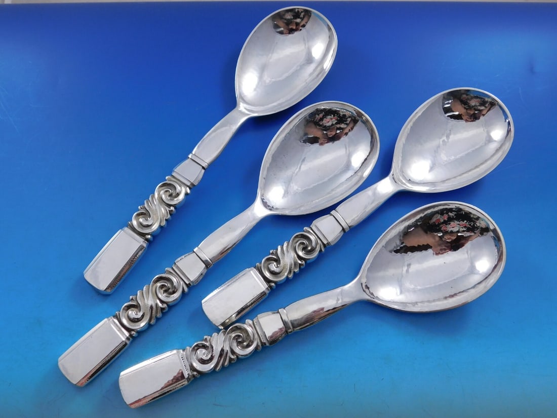 Georg Jensen Scroll Sterling Silver Serving Spoons Set of 4 9 Inch (1 of 5)