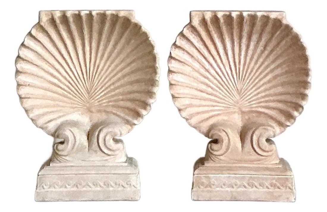 Pair of Vintage Cast Concrete Shell Motif Pedestals Coastal Style (1 of 10)