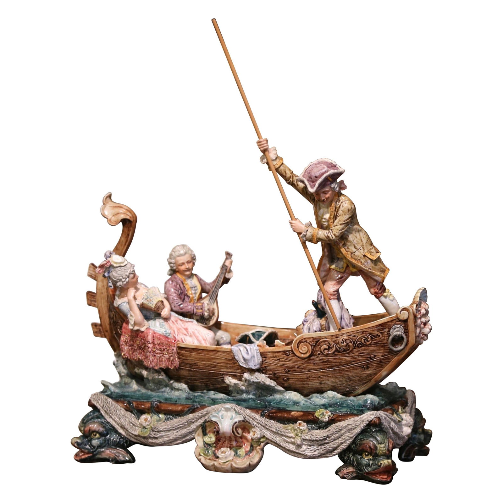 Antique French Rococo Hand-Painted Majolica Barbotine Boat Composition: Antique French Rococo Hand-Painted Majolica Barbotine Boat Composition This exquisite early 20th century French barbotine composition showcases a vibrant hand-painted scene featuring a Venetian boat a