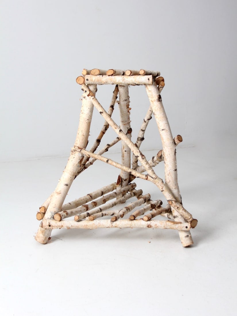Rustic Vintage Birch Bark Tri-Leg Table with Slatted Top (1 of 12)