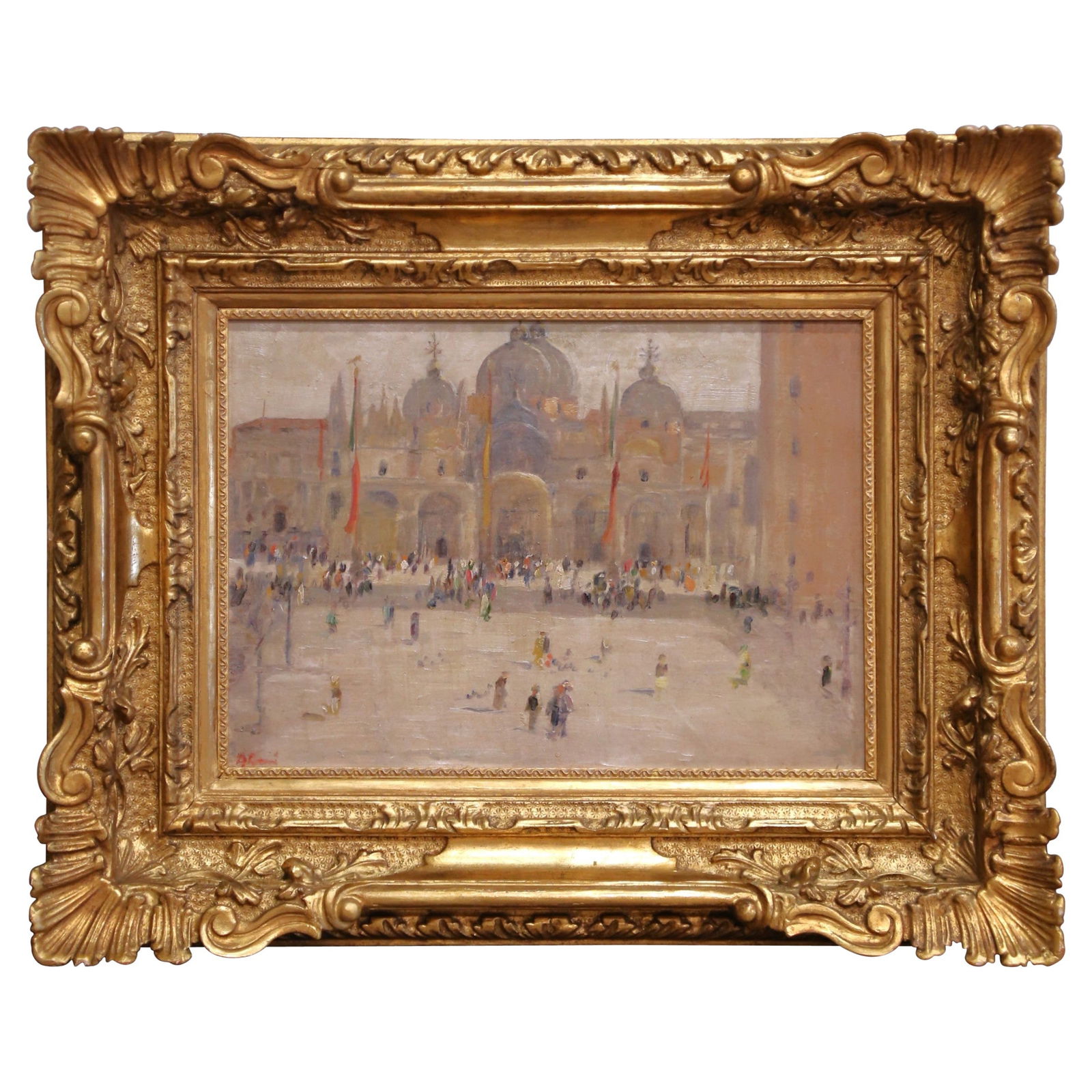 19th Century Signed Italian Impressionist Painting St Mark's Square Oil on Board: 19th Century Signed Italian Impressionist Painting St Mark's Square Oil on Board Experience the charm of 19th century Italy with this signed Venetian Impressionist painting of St. Mark's Square. This