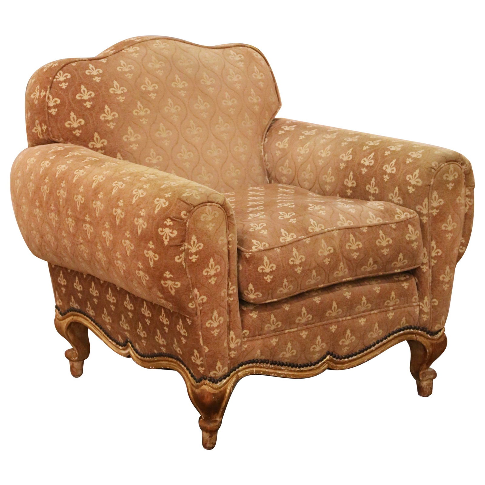 French Louis XV Style Antique Club Armchair with Gilt and Painted Frame: French Louis XV Style Antique Club Armchair with Gilt and Painted Frame This antique French Louis XV style club armchair, crafted circa 1870, showcases a generous and deeply comfortable design with wi