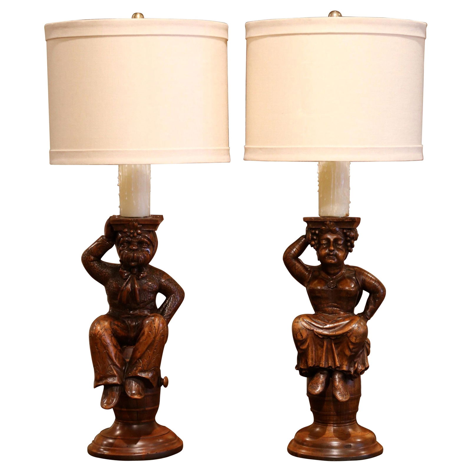19th Century French Walnut Cabaret Figure Lamp Bases Set of 2: 19th Century French Walnut Cabaret Figure Lamp Bases Set of 2 This exquisite pair of late-19th-century French cabaret-themed lamp bases brings charm and character to any rustic interior or home bar. C