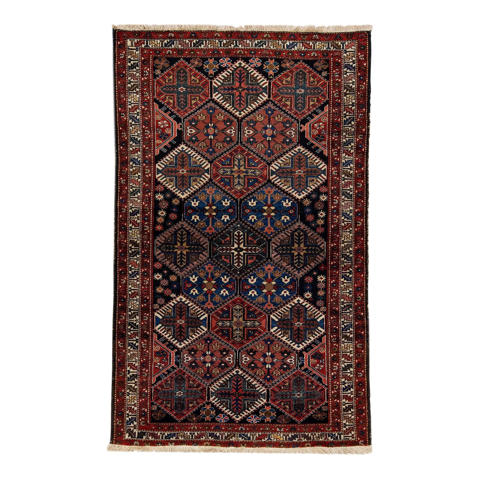 Vintage Persian Bakhtiari Hand-Knotted Red Wool Rug 4'3 x 7': Vintage Persian Bakhtiari Hand-Knotted Red Wool Rug 4'3 x 7' Discover the charm of this vintage Persian Bakhtiari handmade wool rug, showcasing a striking red color field. Featuring a beige frame and