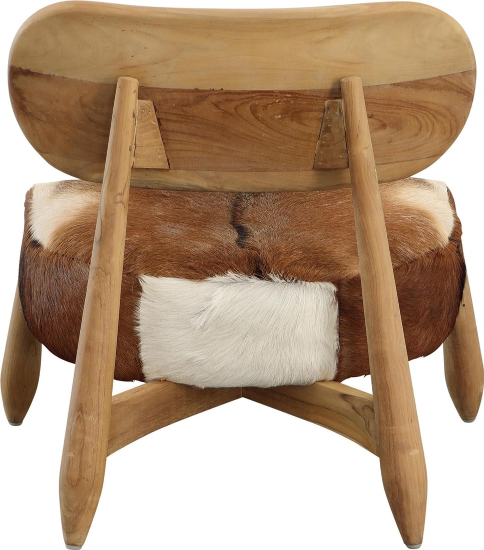 Guleen Rustic Modern Occasional Chair in Brown Teak and Goat Hide: Guleen Rustic Modern Occasional Chair in Brown Teak and Goat Hide Introducing the Guleen Chair, a perfect blend of rustic charm and modern design. This occasional chair features a stunning goat hide s