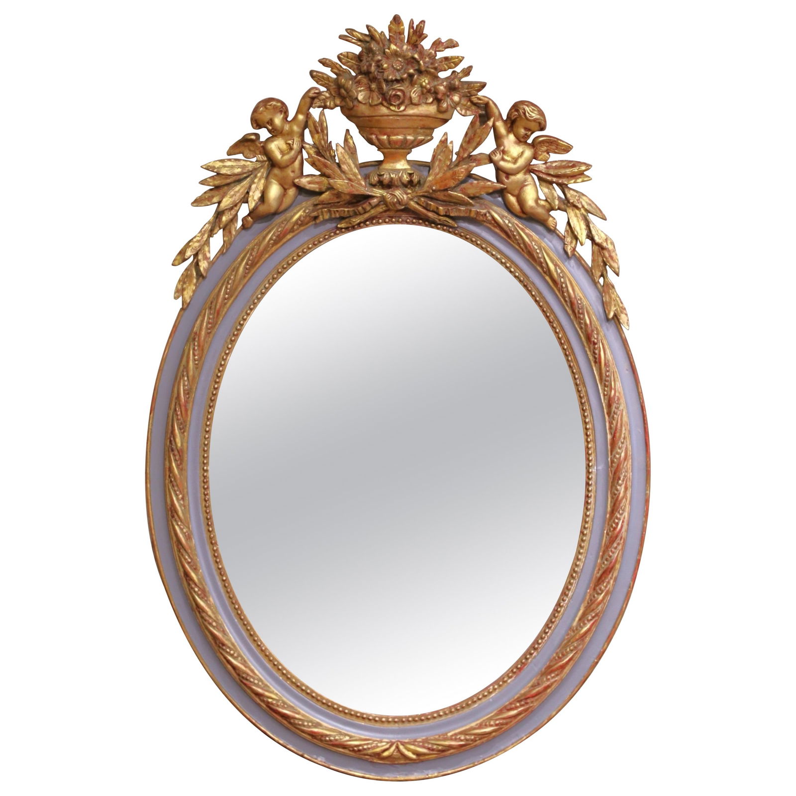 19th Century French Louis XVI Oval Wall Mirror with Cherubs and Gilt Accents (1 of 7)