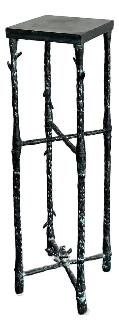 Textured Metal Side Table in the Style of Giacometti with Hammered Pedestal: Textured Metal Side Table in the Style of Giacometti with Hammered Pedestal This vintage side table features a highly textured metal frame meticulously crafted to resemble gnarled, weathered bamboo, i