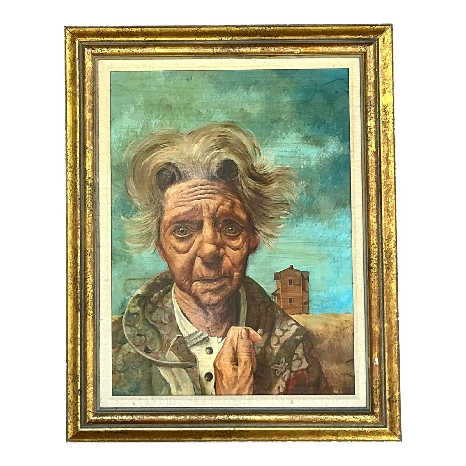 Vintage Boho Oil Portrait of Elderly Woman in Gilded Frame: Vintage Boho Oil Portrait of Elderly Woman in Gilded Frame This captivating vintage oil portrait beautifully showcases the raw emotion and depth of artistry, featuring an elderly woman with an express