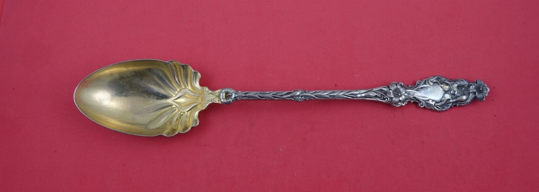 Whiting Lily Sterling Silver Stuffing Spoon 11 5/8" Art Nouveau: Whiting Lily Sterling Silver Stuffing Spoon 11 5/8" Art Nouveau This exquisite serving spoon from the Lily pattern by Whiting is crafted from sterling silver and features a beautiful Art Nouveau desig
