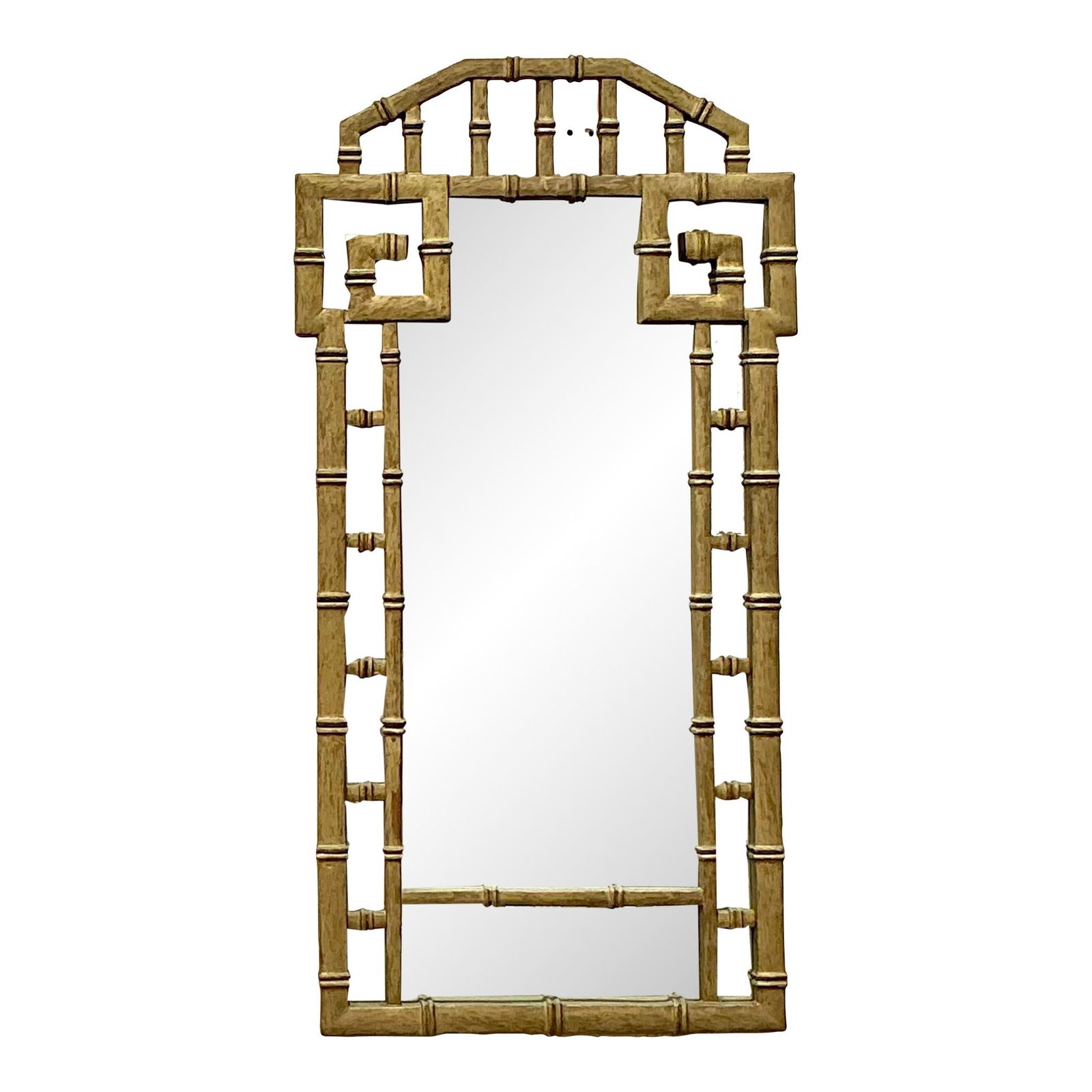Vintage Regency Gold Gilt Mirror with Greek Key Design 24 x 46.5: Vintage Regency Gold Gilt Mirror with Greek Key Design 24 x 46.5 Enhance your decor with this vintage Regency gilt mirror, showcasing a captivating Greek key design that radiates timeless elegance. Th