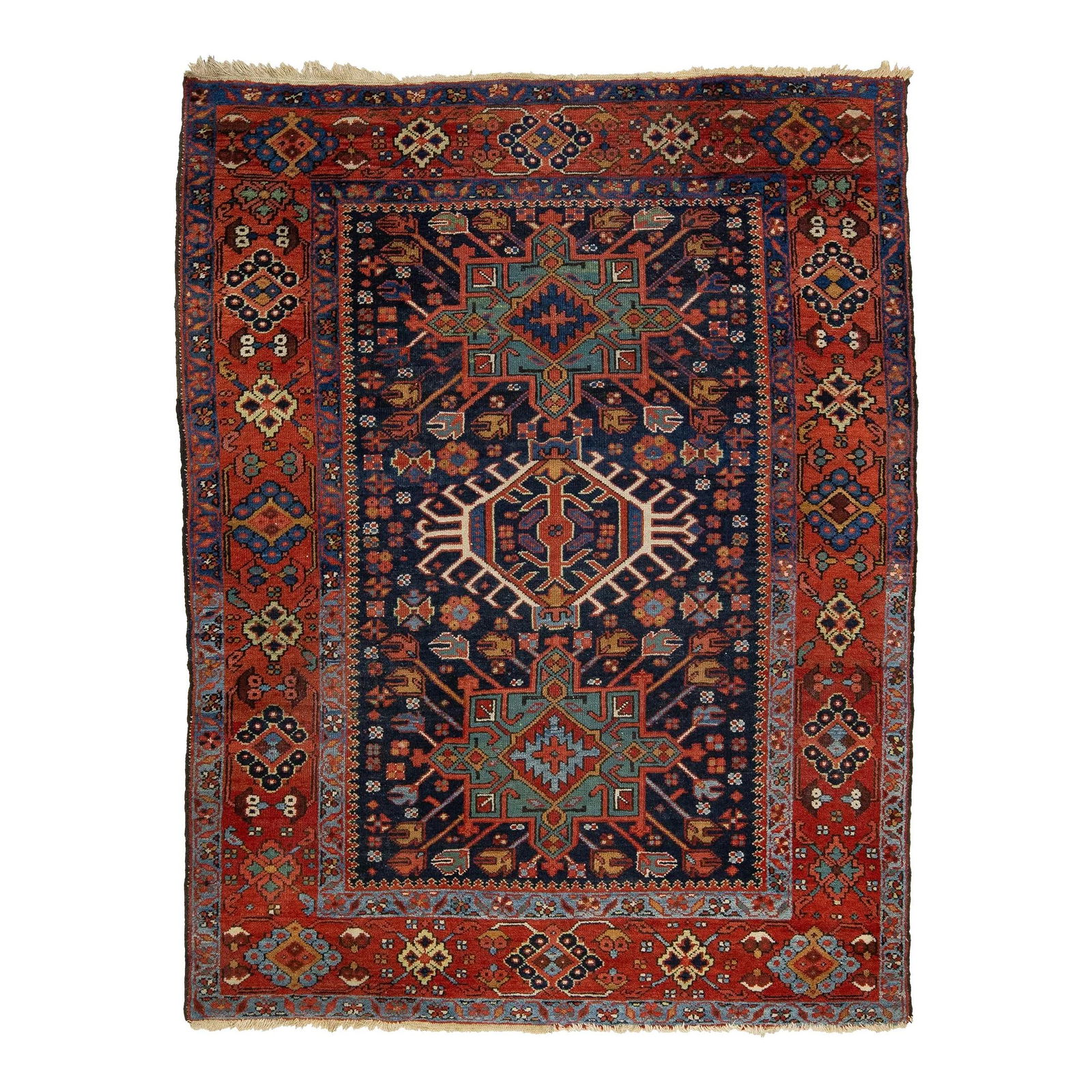 Vintage Karajah Hand-Knotted Wool Rug Blue Multi-Color Geometric 5' x 6'6 (1 of 8)