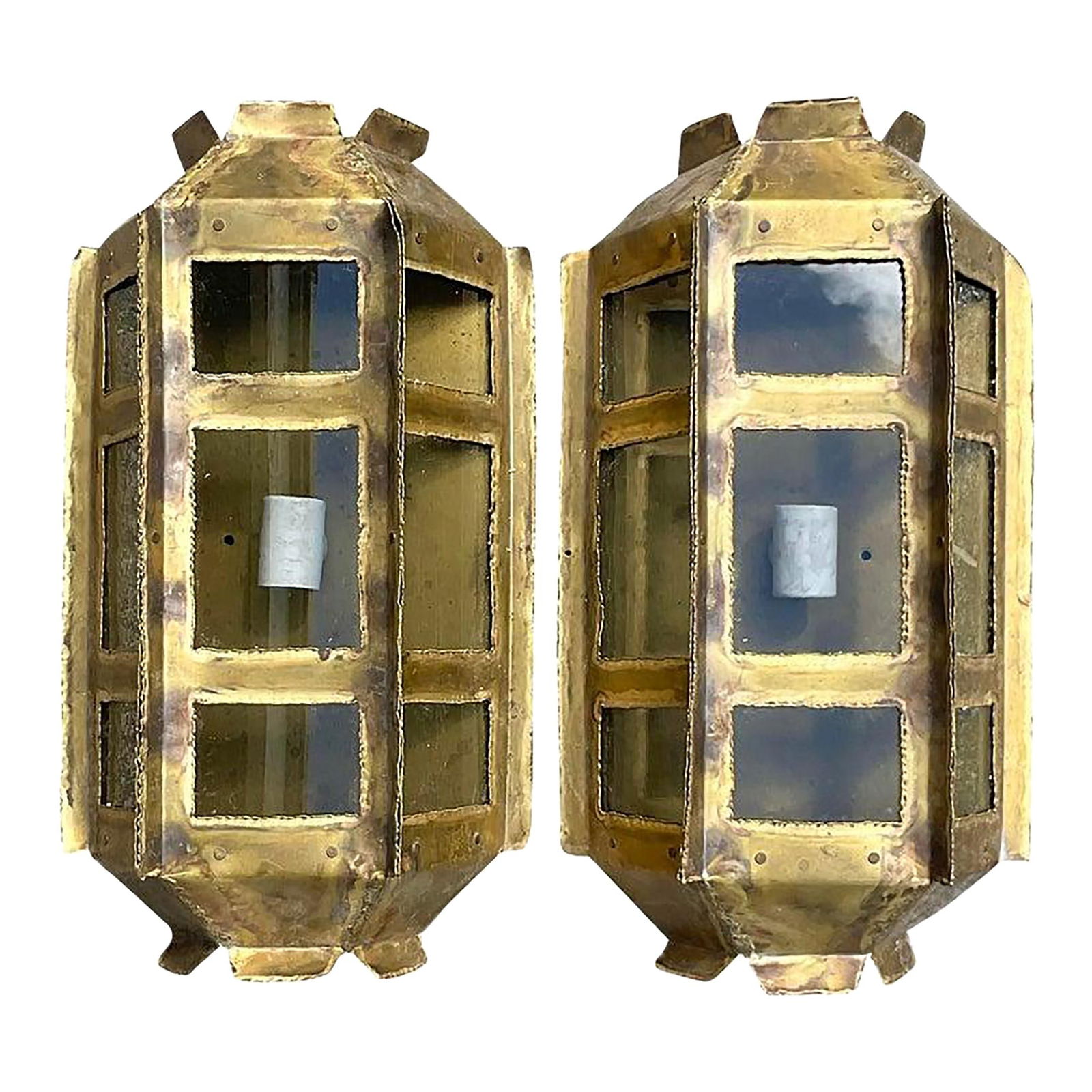 Pair of Vintage Mid Century Brutalist Wall Sconces with Smoked Glass: Pair of Vintage Mid Century Brutalist Wall Sconces with Smoked Glass This striking pair of vintage Mid 20th Century Brutalist wall sconces showcases a chic torch cut design reminiscent of the style of