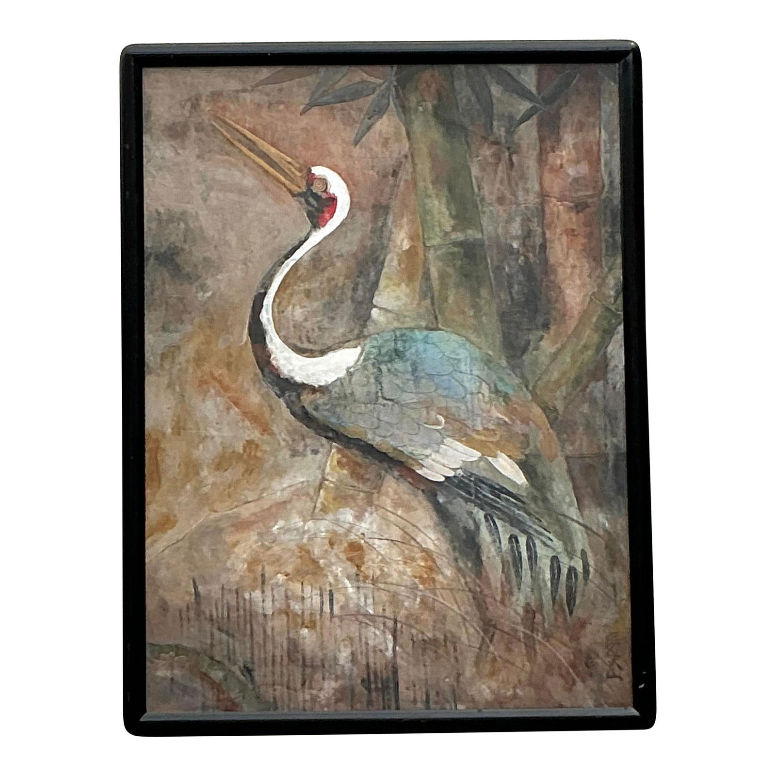 Vintage Boho Crane Painting Framed Watercolor Art 45.5 x 59.5: Vintage Boho Crane Painting Framed Watercolor Art 45.5 x 59.5 This exquisite vintage painting beautifully captures the grace and elegance of a crane, rendered in soft watercolor hues against a rich, e