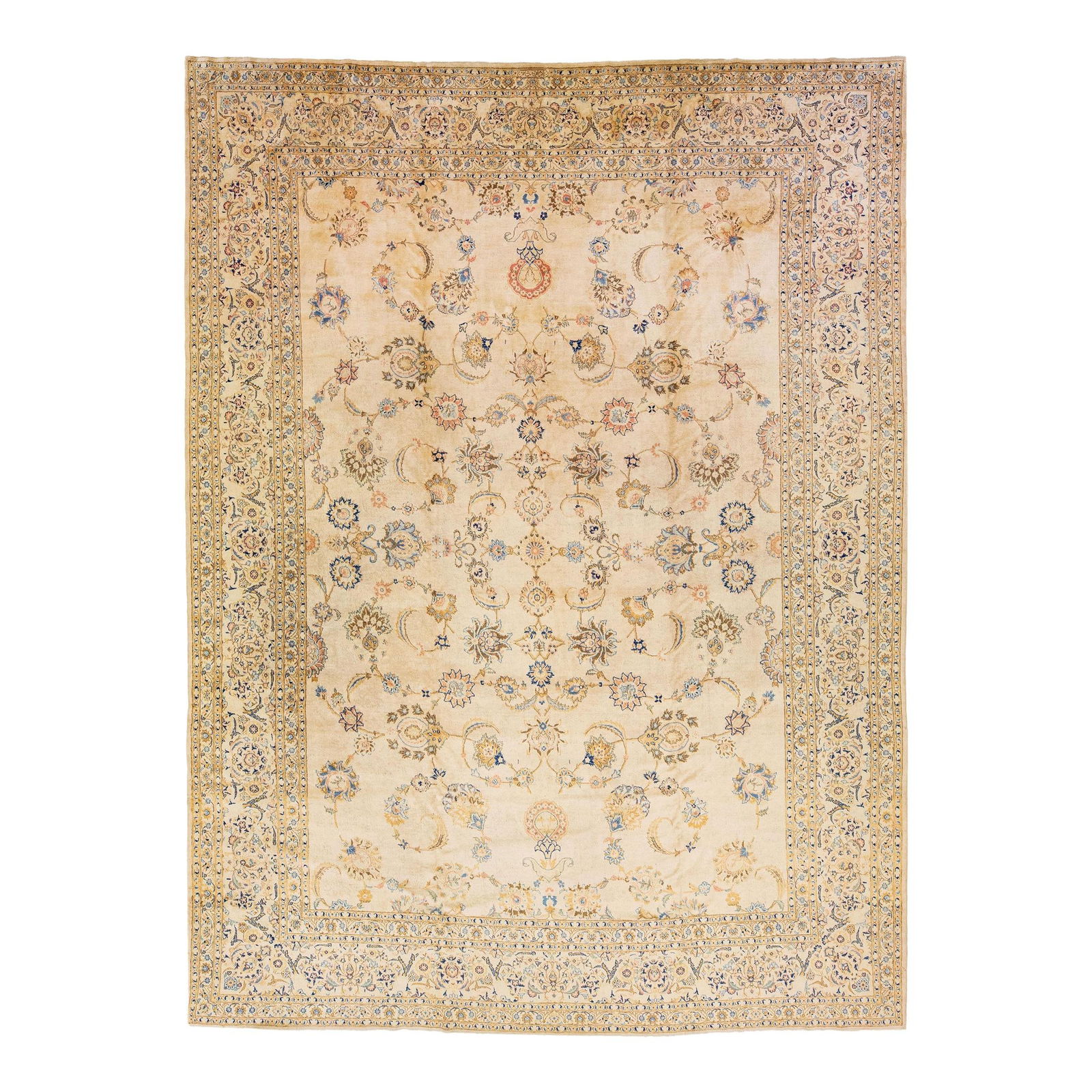 Antique Persian Kashan Handmade Wool Rug Floral Design Beige 10'6 x 14'4: Antique Persian Kashan Handmade Wool Rug Floral Design Beige 10'6 x 14'4 This exquisite Antique Kashan rug is a hand-knotted masterpiece crafted from high-quality wool. Featuring a soft beige color fi