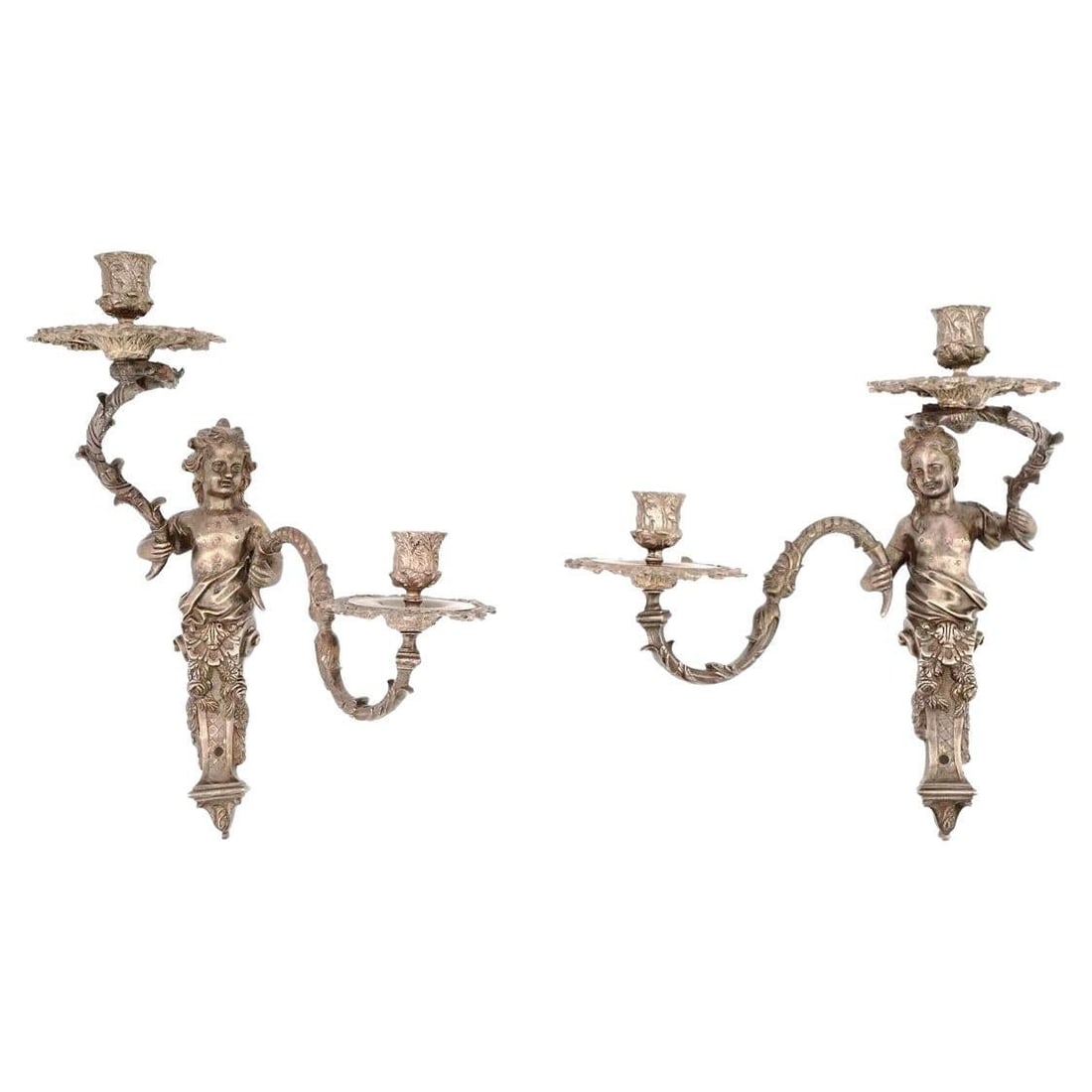 Set of Two French Silvered Bronze Wall Sconces in Boulle Style circa 1880 (1 of 7)