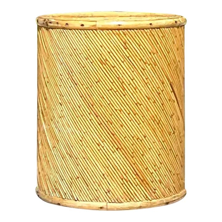 Vintage Coastal Pencil Reed Drum Side Table in Khaki (1 of 5)