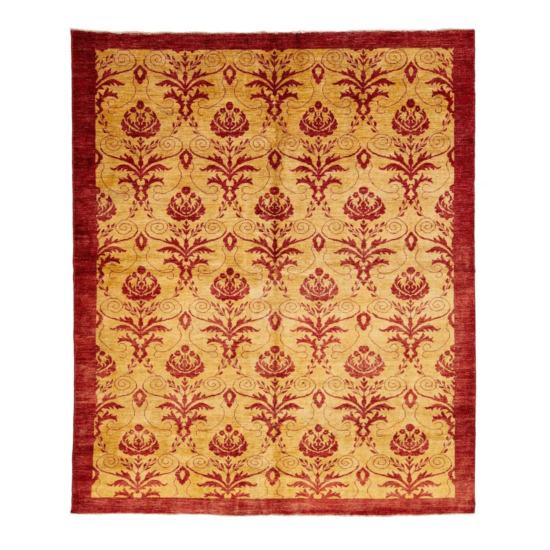 8'2 x 9'5 Hand-Knotted Wool Rug Gold Red Floral Design: 8'2 x 9'5 Hand-Knotted Wool Rug Gold Red Floral Design Enhance your living space with this exquisite 8'2" x 9'5" hand-knotted modern wool rug. Crafted from high-quality Paki wool, this contemporary pi
