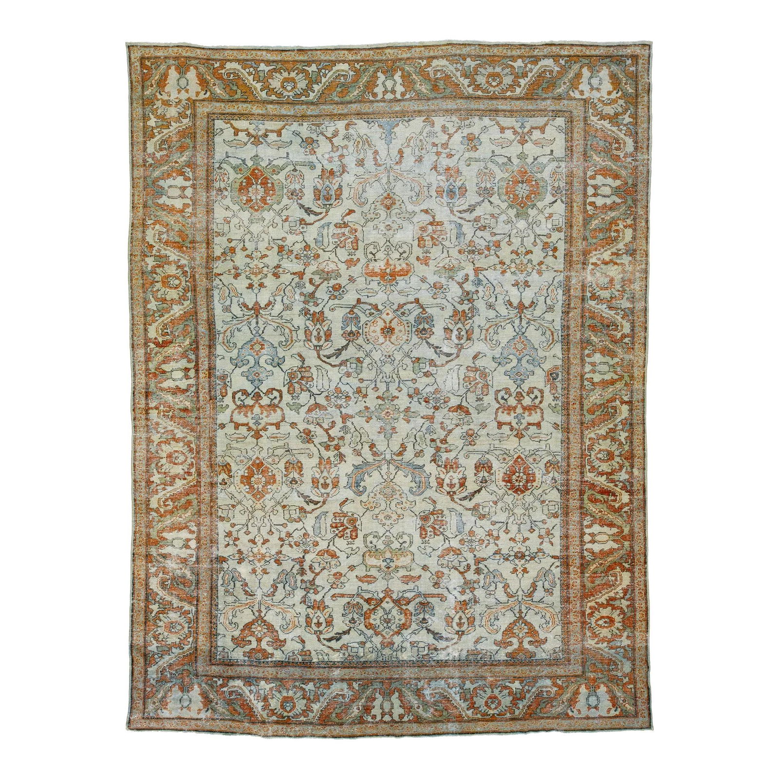 Antique Persian Mahal Beige Orange Wool Rug 10'8 x 14'5 Floral Design: Antique Persian Mahal Beige Orange Wool Rug 10'8 x 14'5 Floral Design Enhance your space with this stunning antique Persian Mahal rug, meticulously hand-knotted from high-quality wool. Featuring a cha