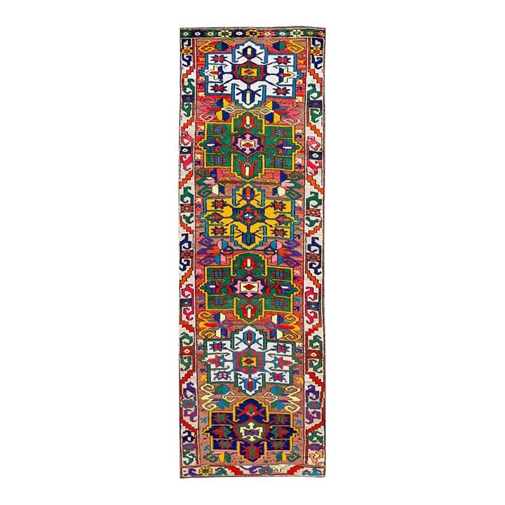 Vintage Turkish Wool Runner Multicolor Tribal Design 3'5 x 10'11: Vintage Turkish Wool Runner Multicolor Tribal Design 3'5 x 10'11 This stunning Vintage Turkish Runner is a hand-knotted wool piece featuring a beautiful tan field adorned with vibrant multi-color acce