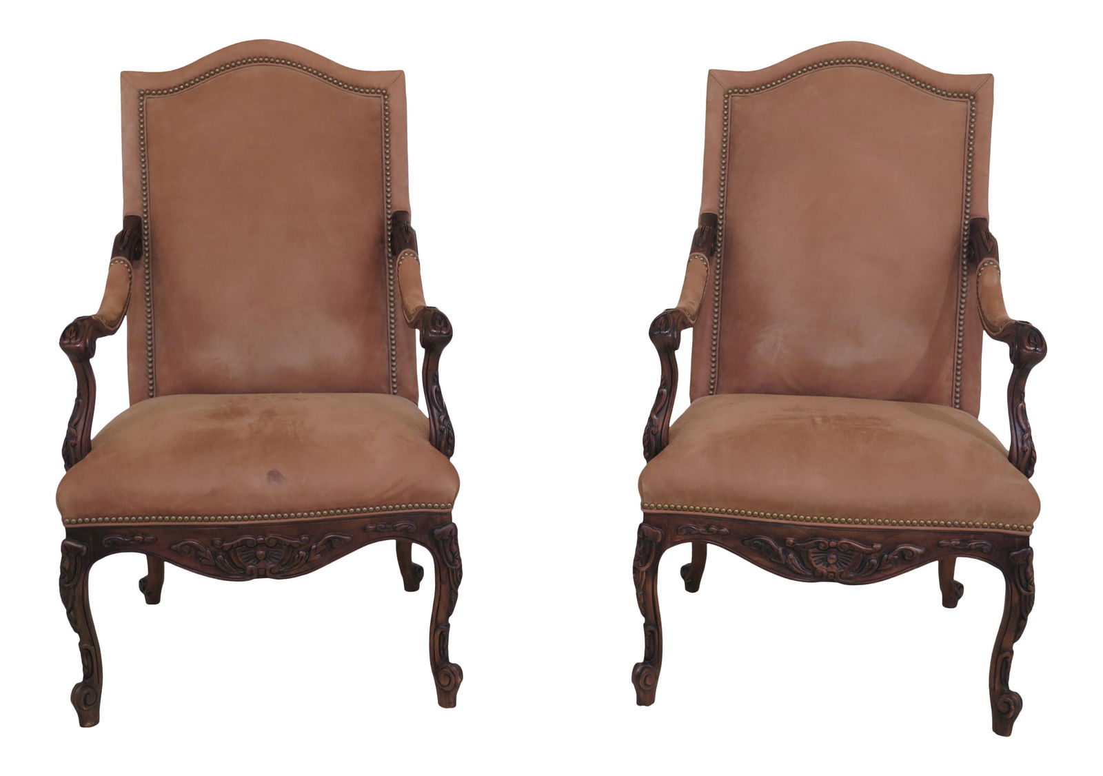 Hancock & Moore Brown Suede Leather French Open Arm Chairs Pair: Hancock & Moore Brown Suede Leather French Open Arm Chairs Pair This exquisite pair of Hancock & Moore suede leather French open arm chairs showcases elegant carved details and quality construction. T