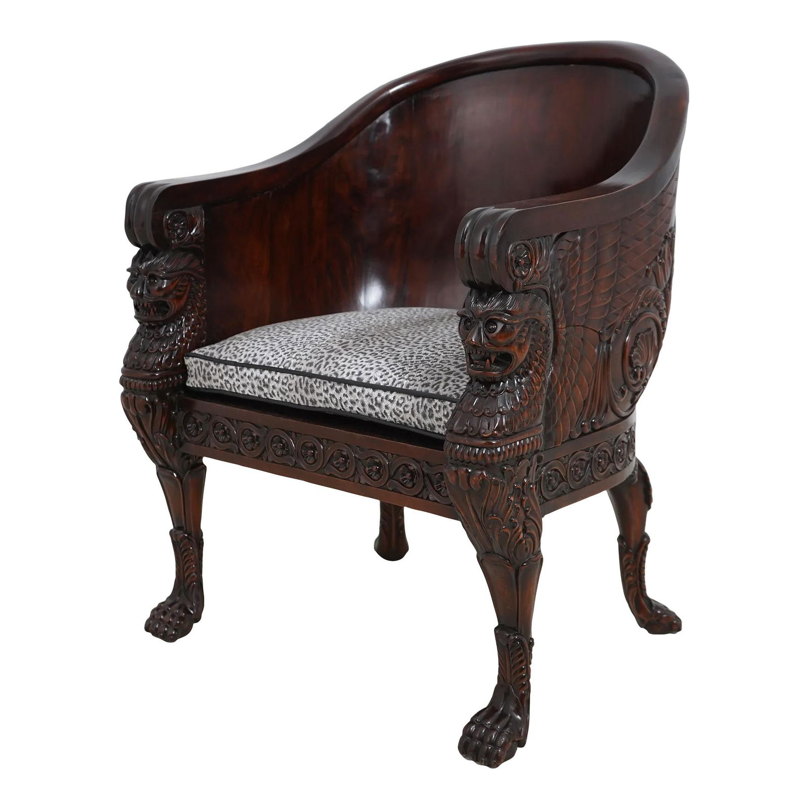Monumental Barrel Back Ornately Carved Throne Chair with Upholstered Seat: Monumental Barrel Back Ornately Carved Throne Chair with Upholstered Seat This monumental throne chair features an impressive barrel back design, showcasing ornate carved details that highlight its cr