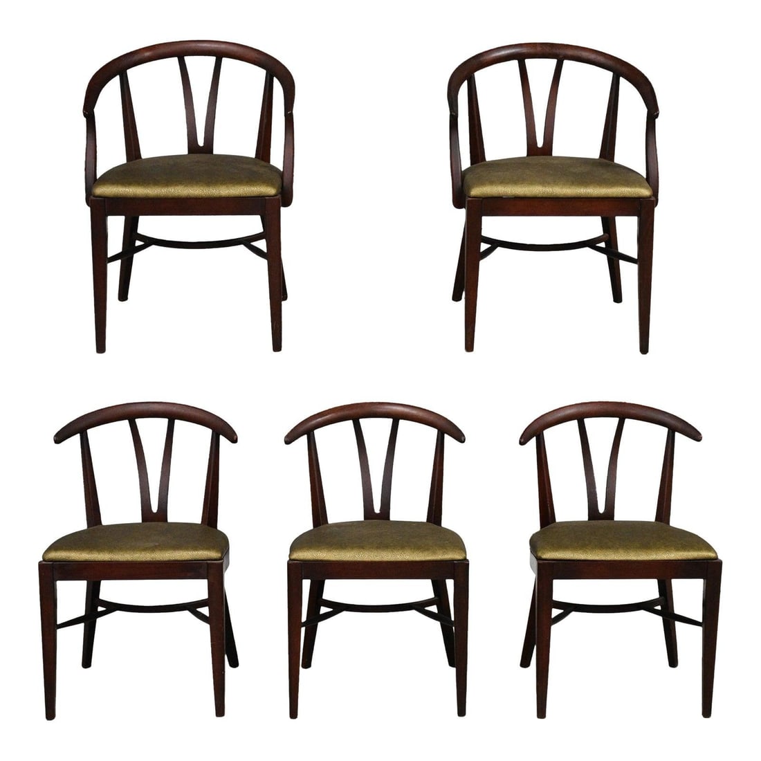 Set of 5 Danish Style Solid Wood Dining Chairs with Green Vinyl Seats: Set of 5 Danish Style Solid Wood Dining Chairs with Green Vinyl Seats This set of five mid-century modern dining chairs features a Danish-inspired design and is constructed from solid wood with a maho