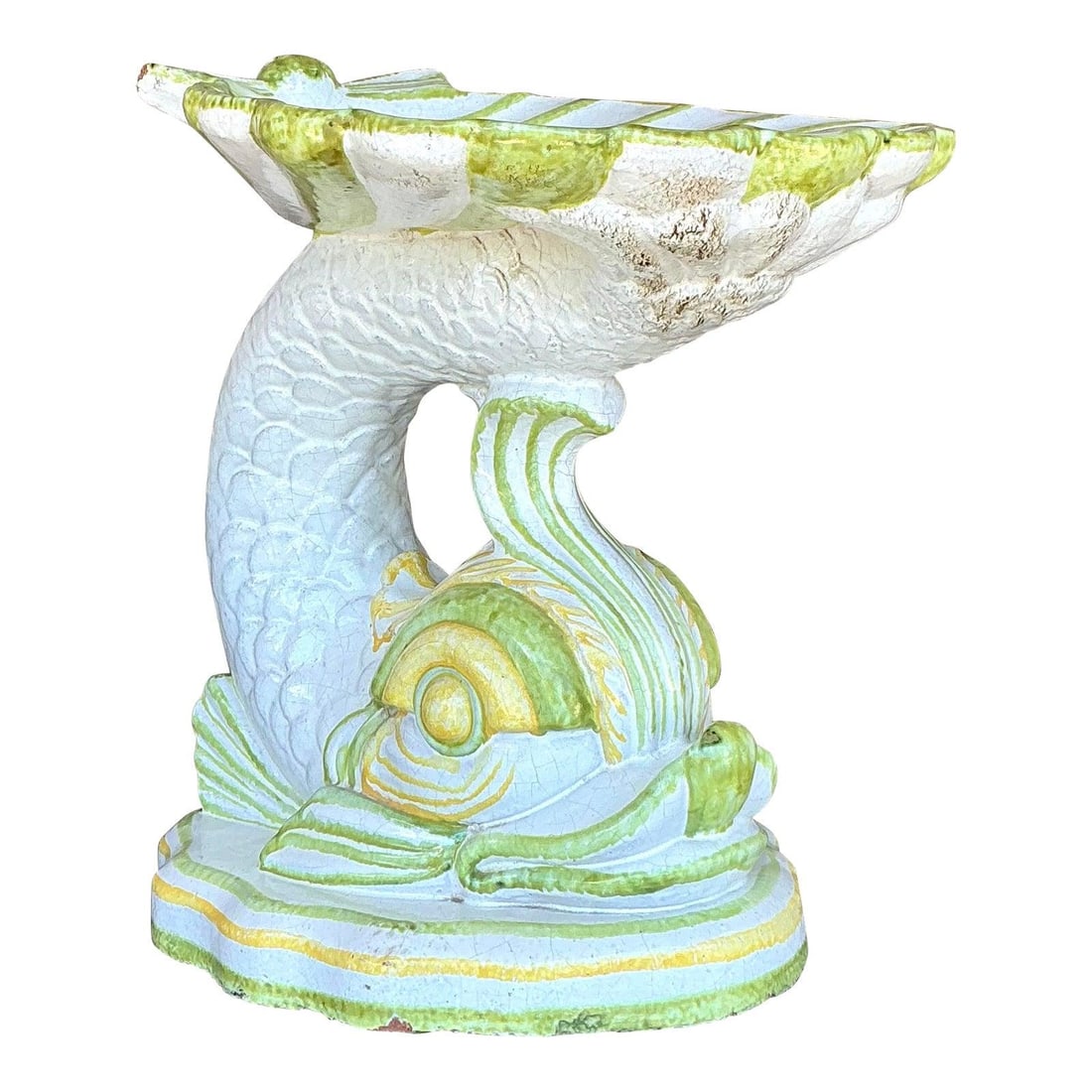 Vintage 1960s Italian Glazed Terracotta Dolphin Pedestal Table: Vintage 1960s Italian Glazed Terracotta Dolphin Pedestal Table Bring the enchanting spirit of an Italian seaside grotto into your home with this stunning vintage dolphin pedestal. Hand-crafted in Ital