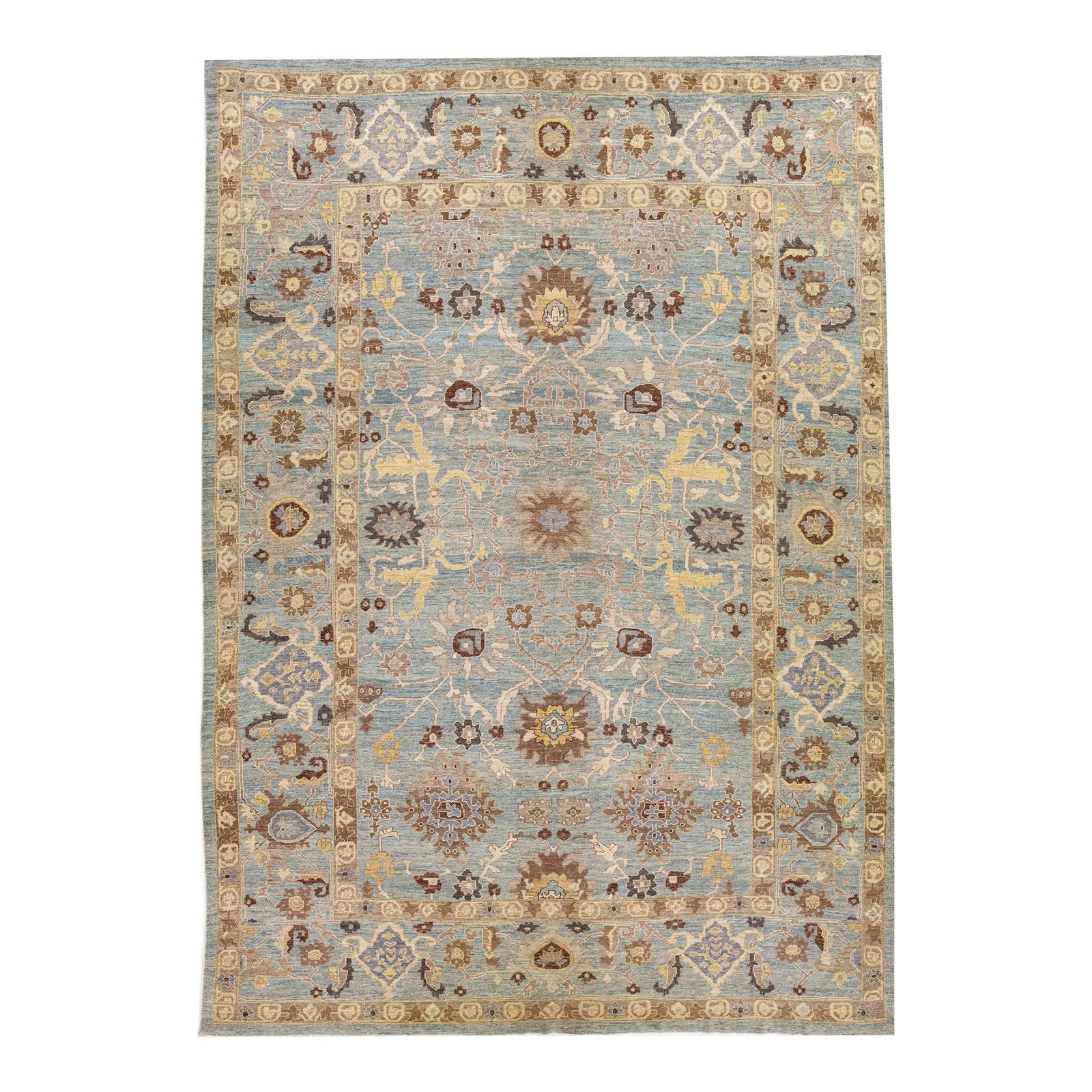Oversized Modern Sultanabad Floral Blue Wool Rug 12'5 x 16'9: Oversized Modern Sultanabad Floral Blue Wool Rug 12'5 x 16'9 Enhance your living space with this exquisite modern Sultanabad hand-knotted wool rug, featuring a stunning blue field. The rug showcases a