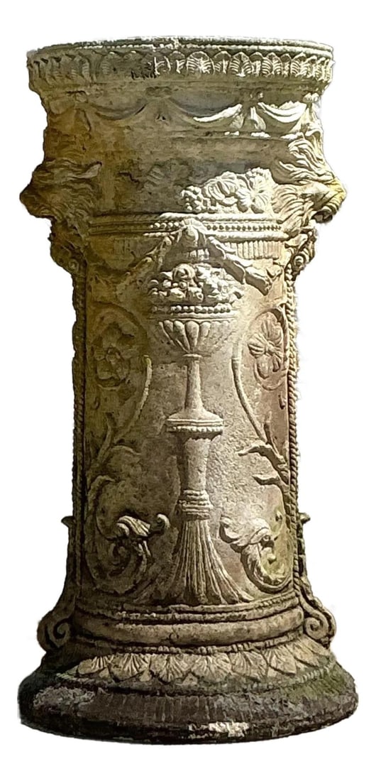 Vintage Regency Cast Cement Swag Pedestal Alabaster 38.75 Tall: Vintage Regency Cast Cement Swag Pedestal Alabaster 38.75 Tall Transform your space with this Vintage Regency Cast Cement Swag Pedestal, a stunning piece that embodies classical elegance and historica