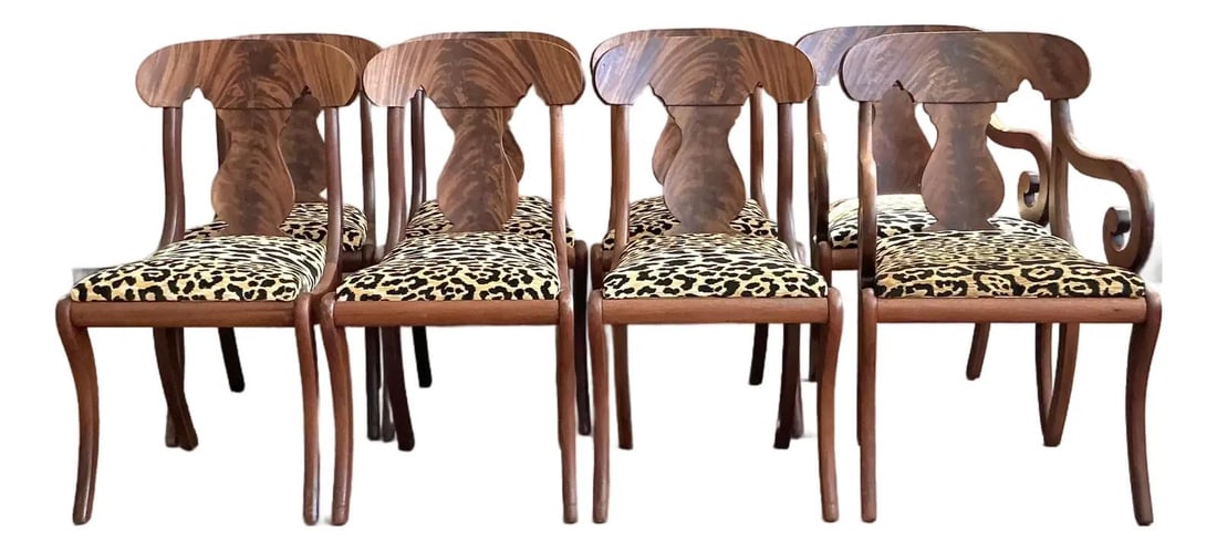 Set of 8 Vintage Regency Flame Mahogany Dining Chairs with Leopard Print Upholstery: Set of 8 Vintage Regency Flame Mahogany Dining Chairs with Leopard Print Upholstery Elevate your dining experience with this stunning set of eight Vintage Regency Flame Mahogany Empire Dining Chairs.